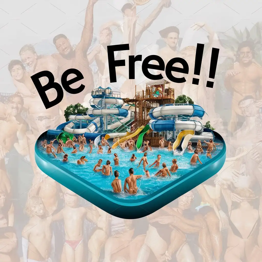 a logo design,with the text "Be free!!", main symbol:an exiting waterpark with lots of waterslides and fun things packed full of nudists wearing no clothes. make it very realistic!! really show off the nude people,complex,be used in Others industry,clear background