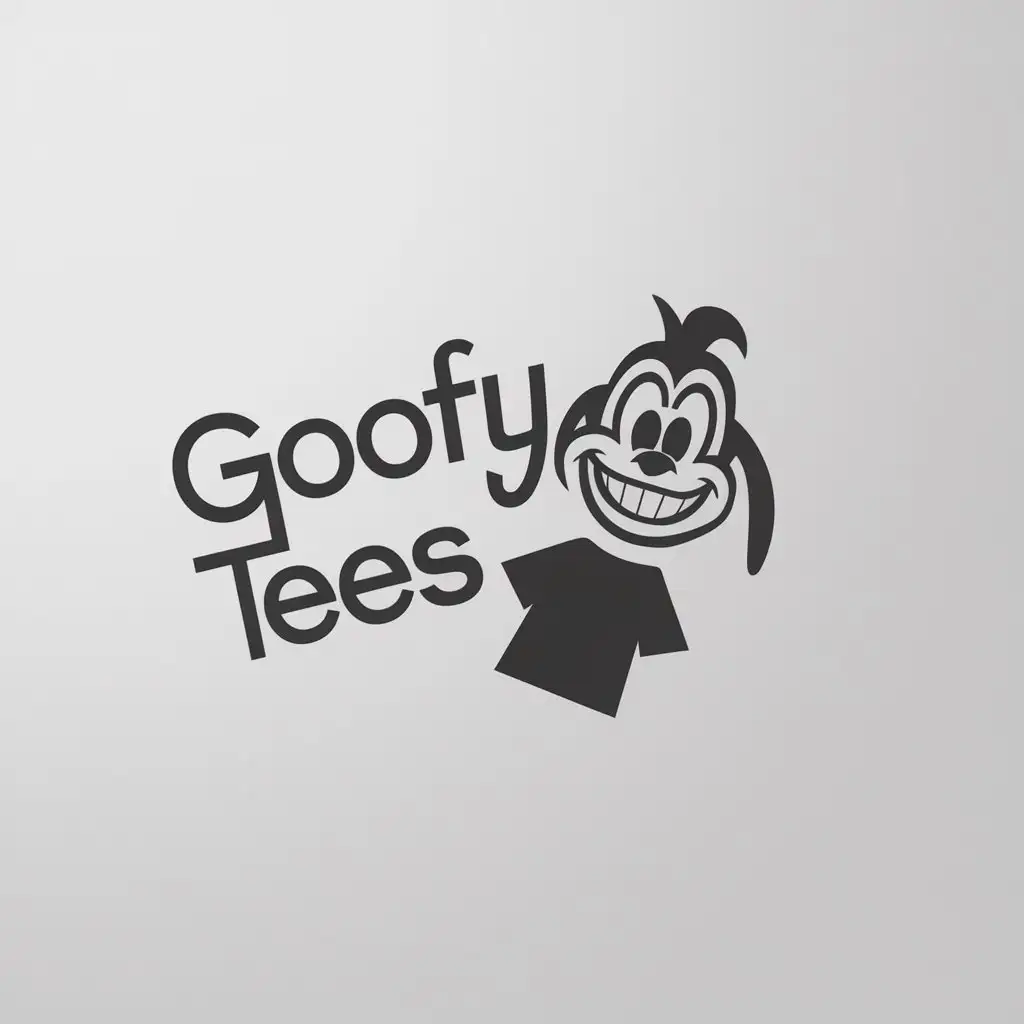 a logo design,with the text "Goofy Tees", main symbol:A silly looking mascot smiling. White background.,Minimalistic,clear background