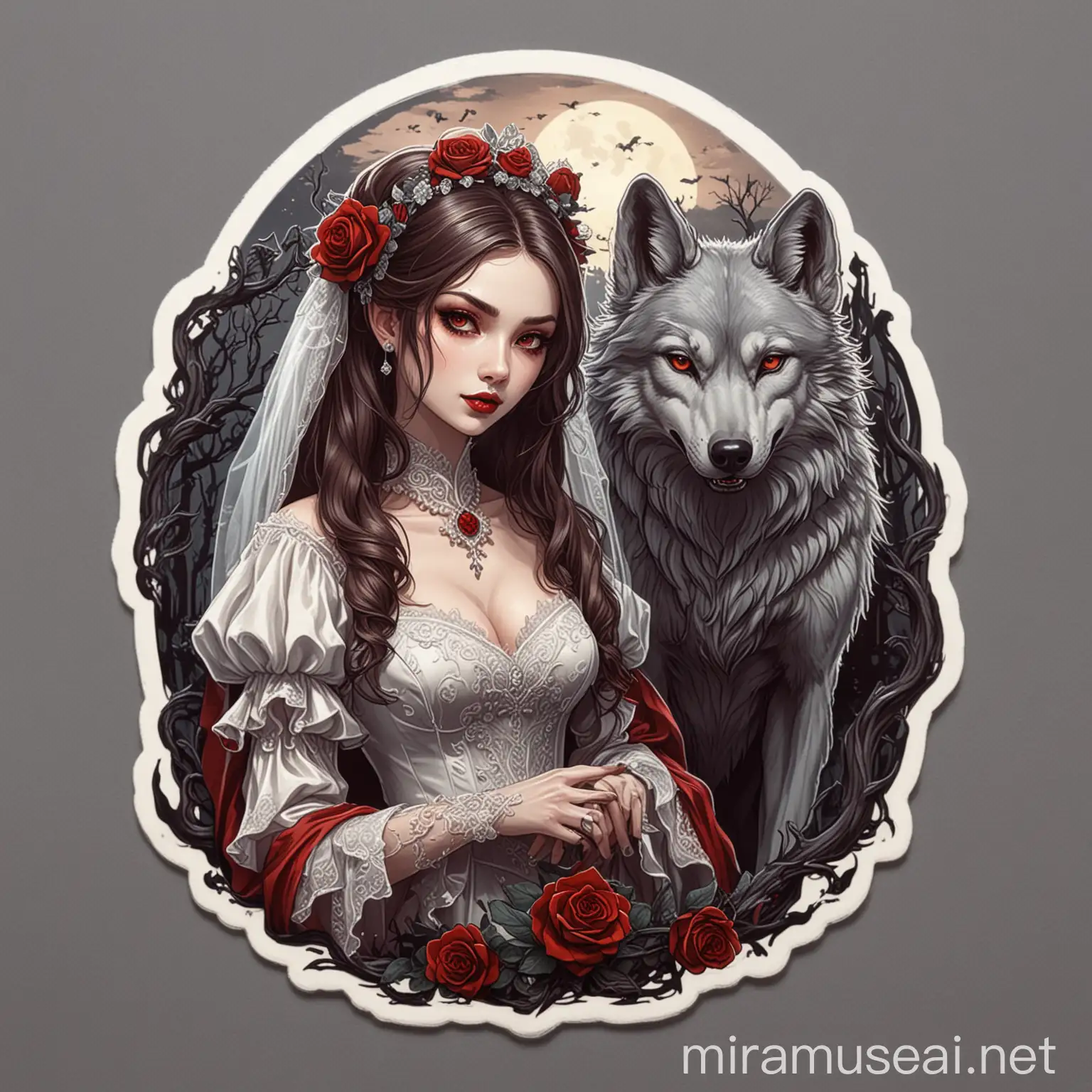 A higher quality illustration sticker of beautiful vampire bride and wolf , opposite position 