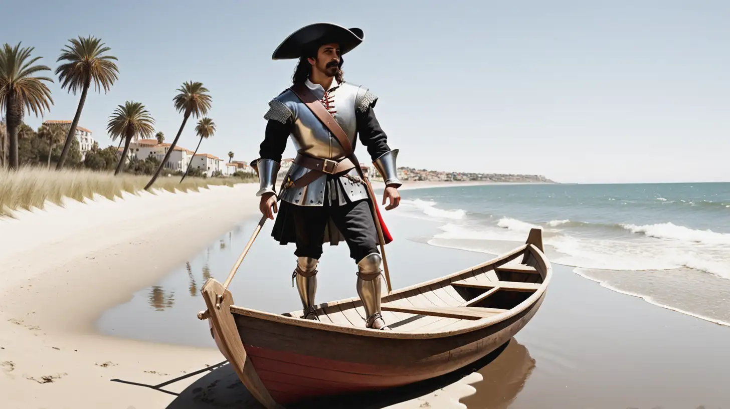 A spanish conquistador stepping onto the beach from his rowboat