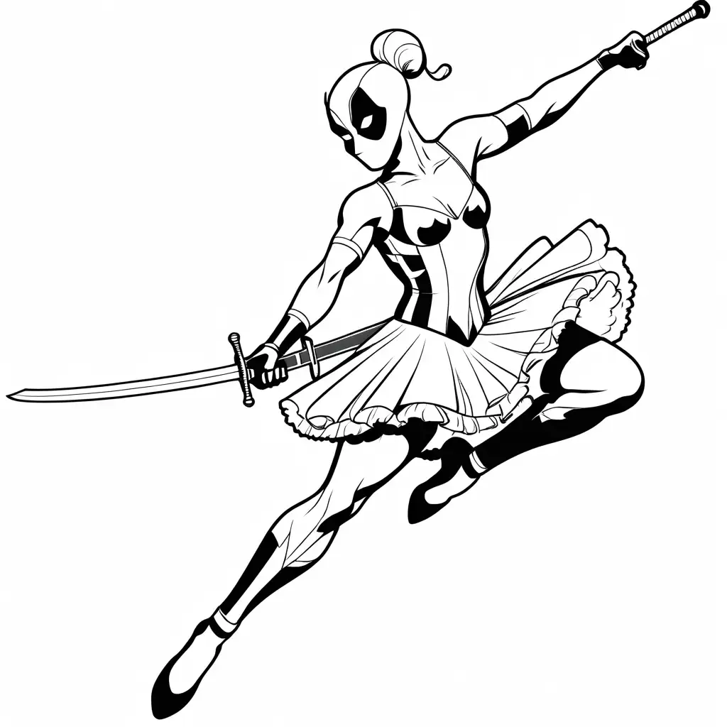 Deadpool dressed as a ballerina but with swords, Coloring Page, black and white, line art, white background, Simplicity, Ample White Space. The background of the coloring page is plain white to make it easy for young children to color within the lines. The outlines of all the subjects are easy to distinguish, making it simple for kids to color without too much difficulty
