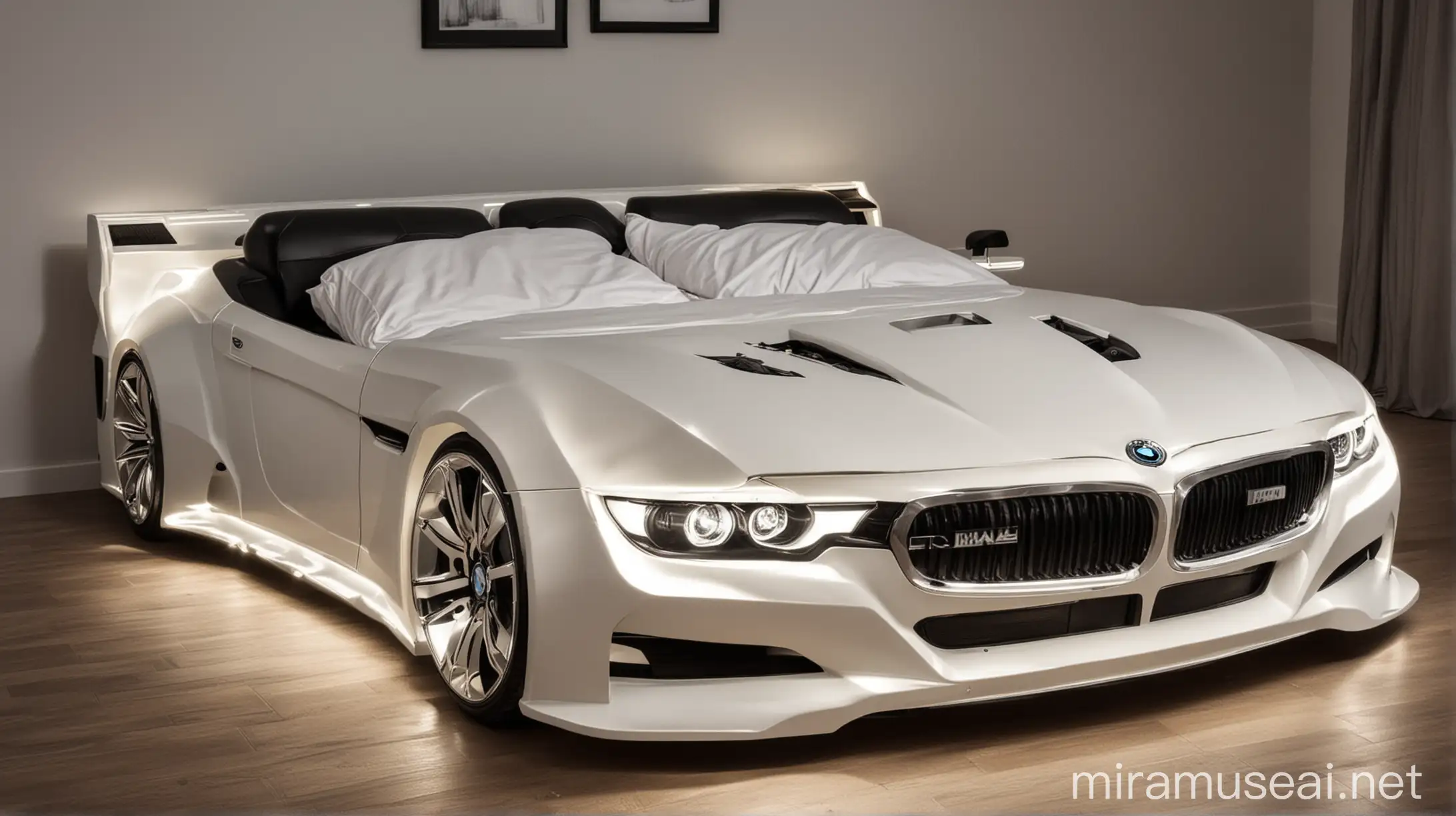 Double bed in the shape of a BMW  car with headlights on