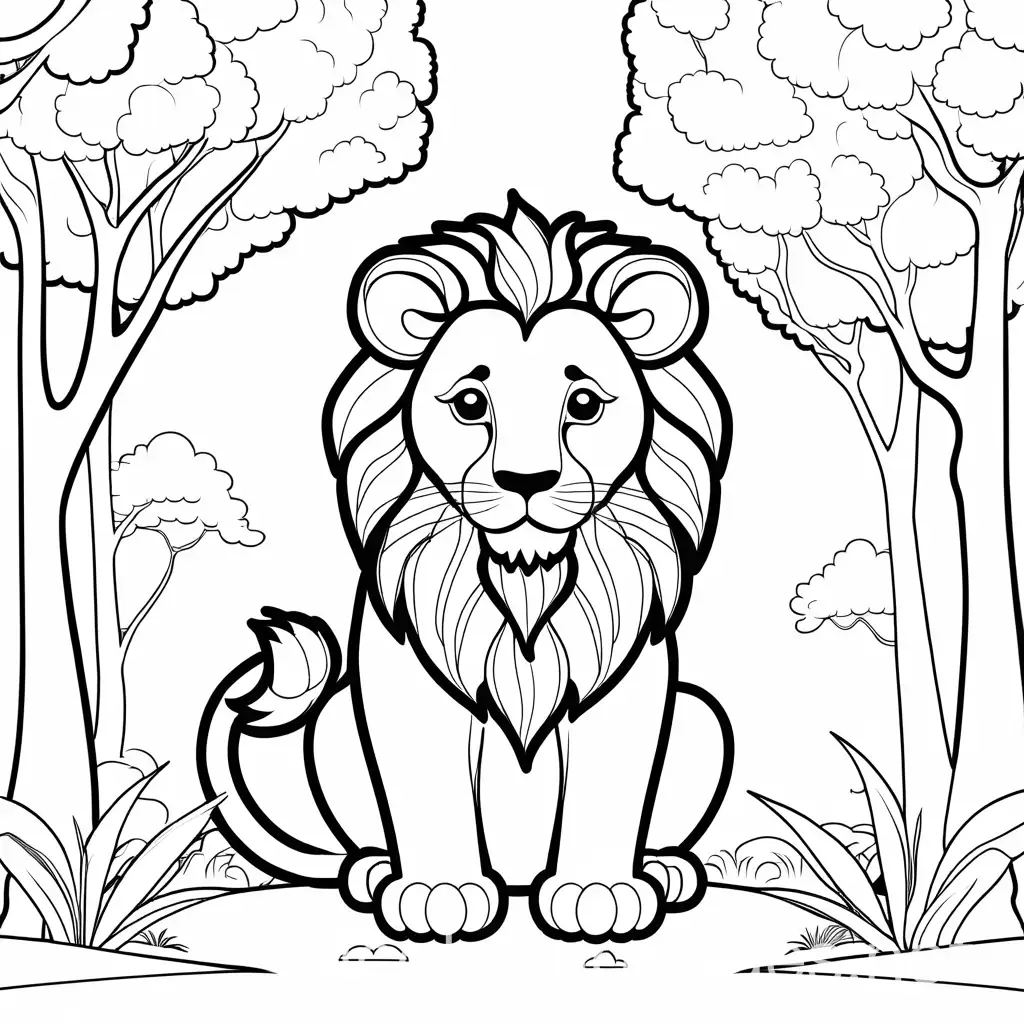 coloring book lion cute near trees, Coloring Page, black and white, line art, white background, Simplicity, Ample White Space. The background of the coloring page is plain white to make it easy for young children to color within the lines. The outlines of all the subjects are easy to distinguish, making it simple for kids to color without too much difficulty