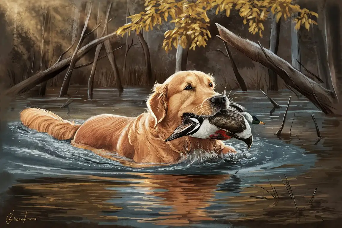in late fall in flooded timber, a skillfully rendered sketch illustration of a Golden Retriever , retriving a duck in it's mouth