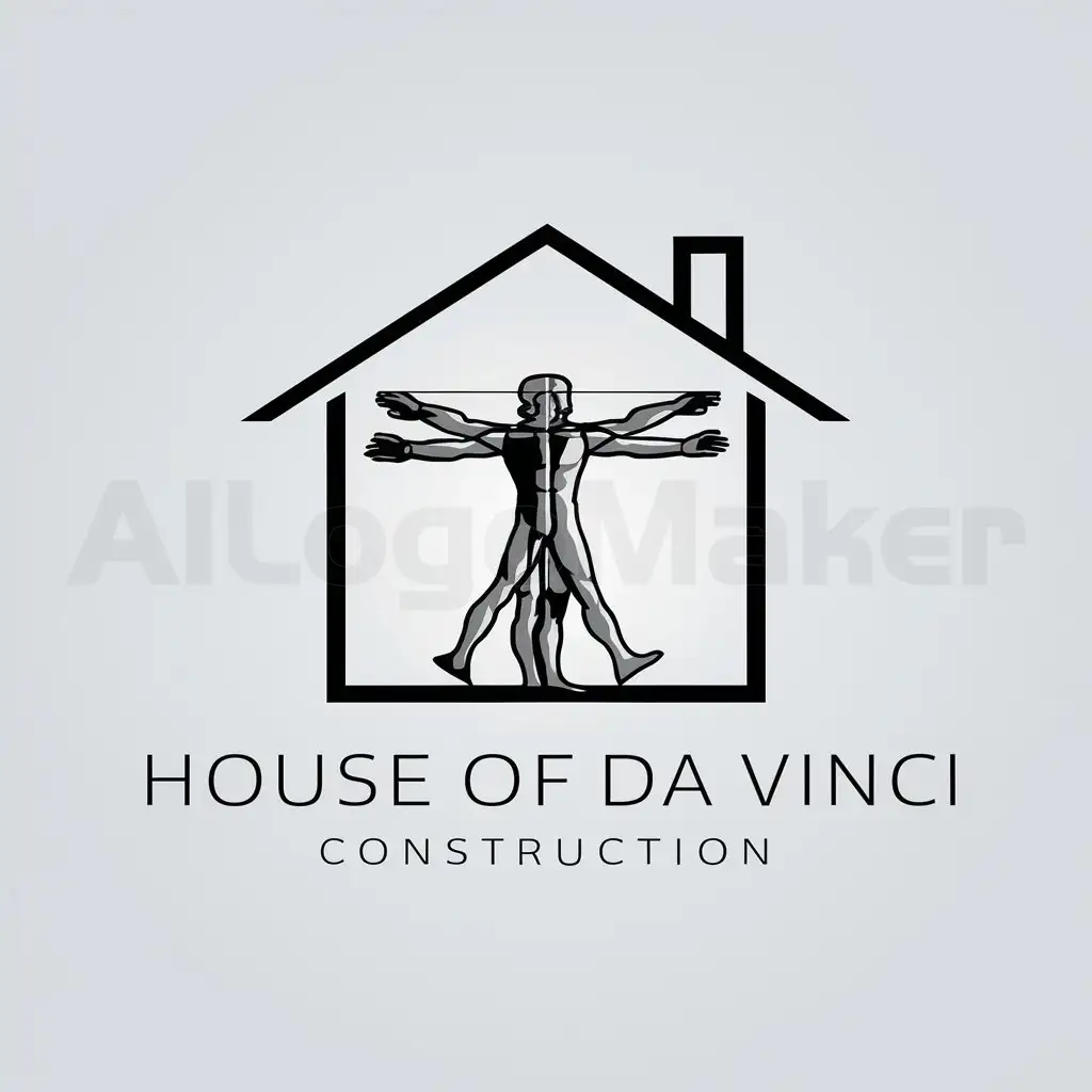 a logo design,with the text "House of Da Vinci", main symbol:Leonardo da Vinci Vitruvian man inside house with roof,Moderate,be used in Construction industry,clear background