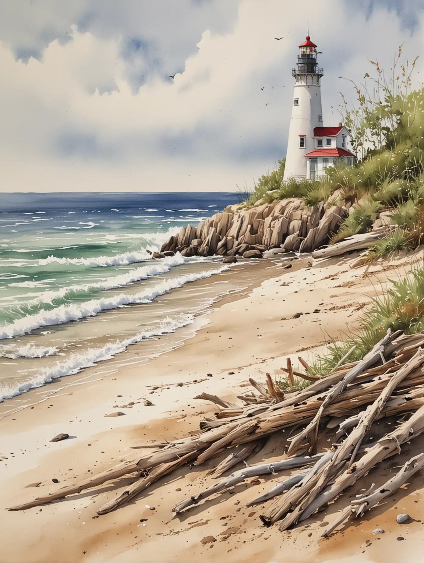create a watercolor painting of a beach scene with small pieces of driftwood, a light house and other Cape Code shoreline elements

