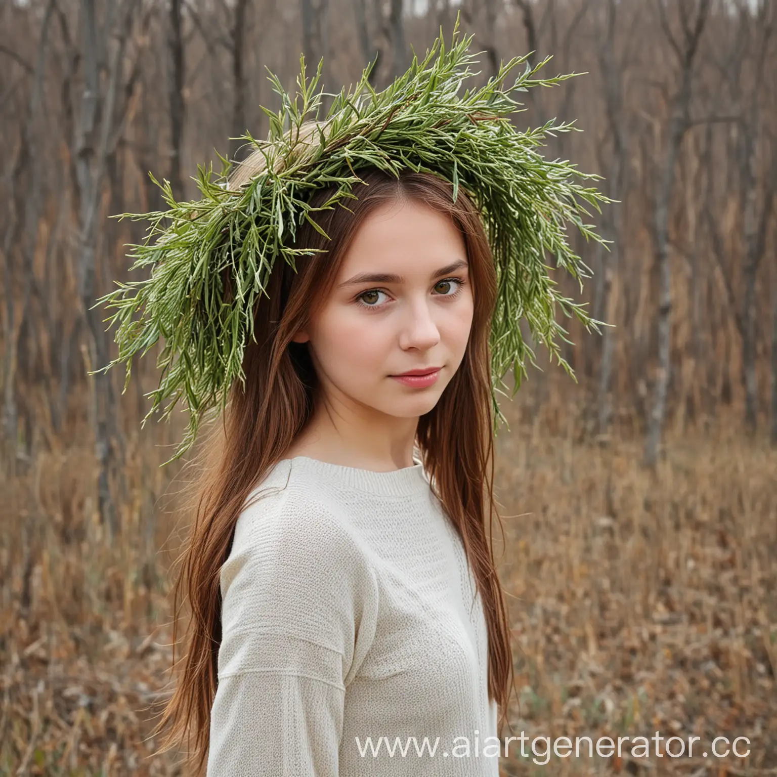 Girl has a wreath of willow on the head