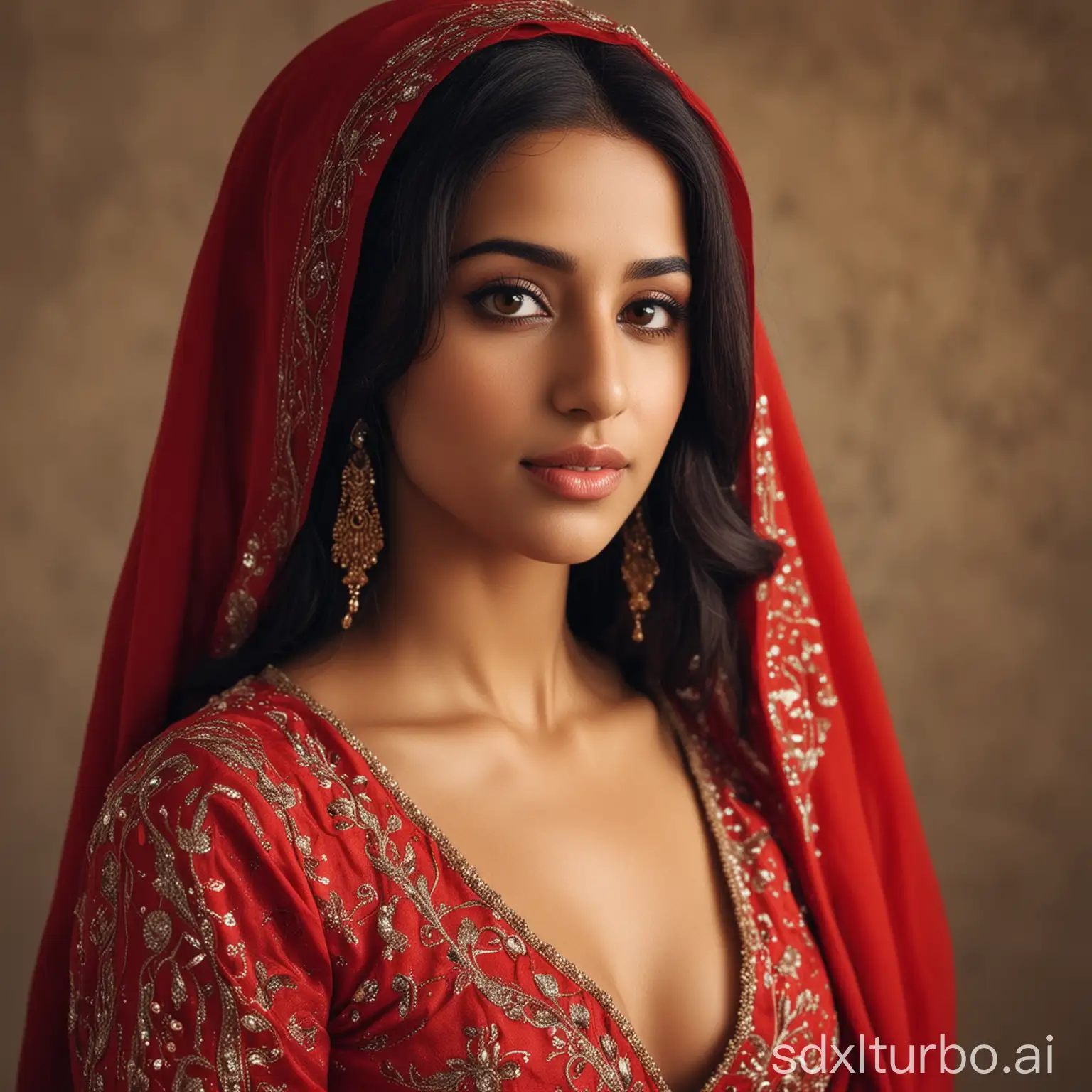 a woman with Arabian features wears a red dress