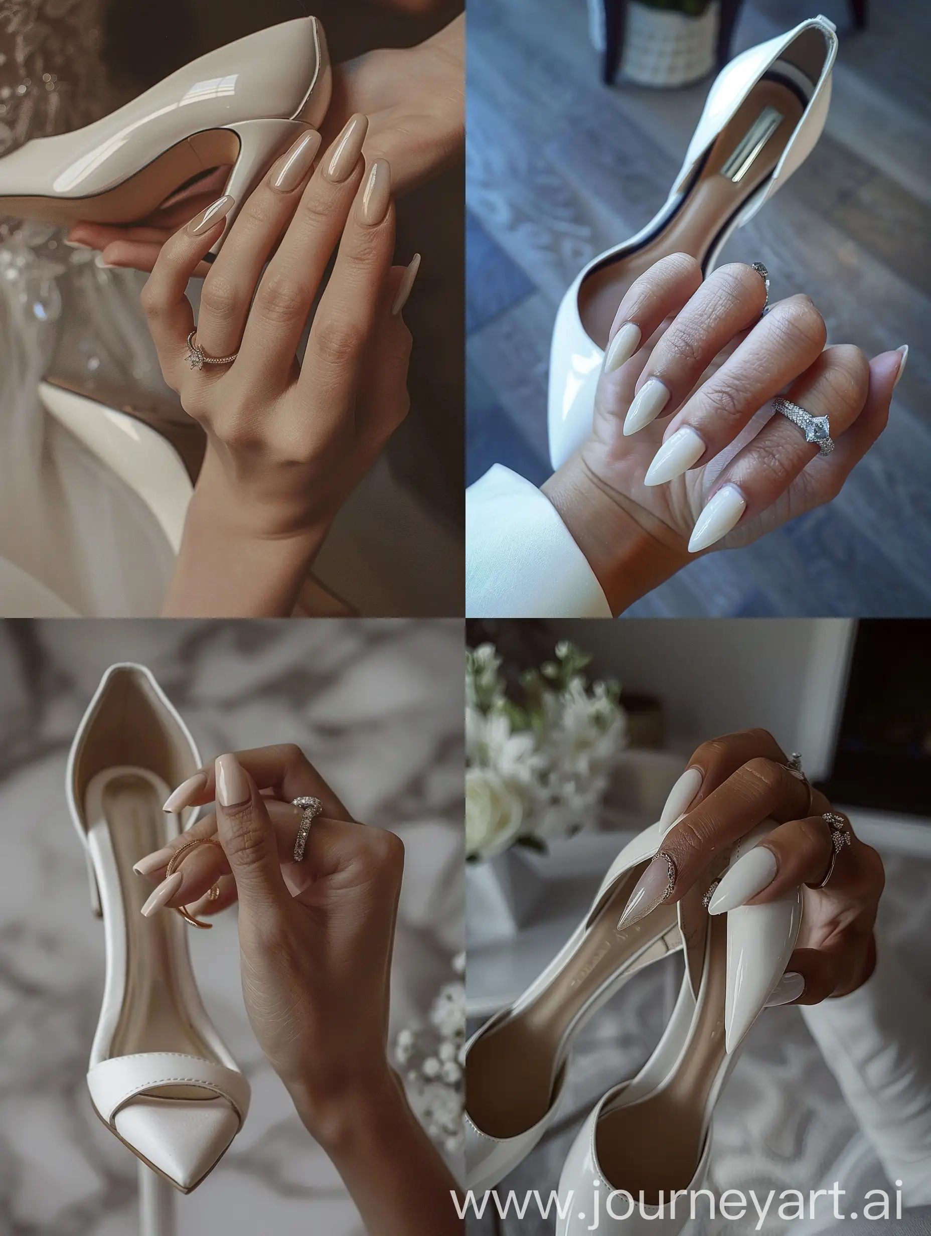 Aesthetic Instagram photo of a woman's hand holding a pair of white heels, wedding ring, manicured