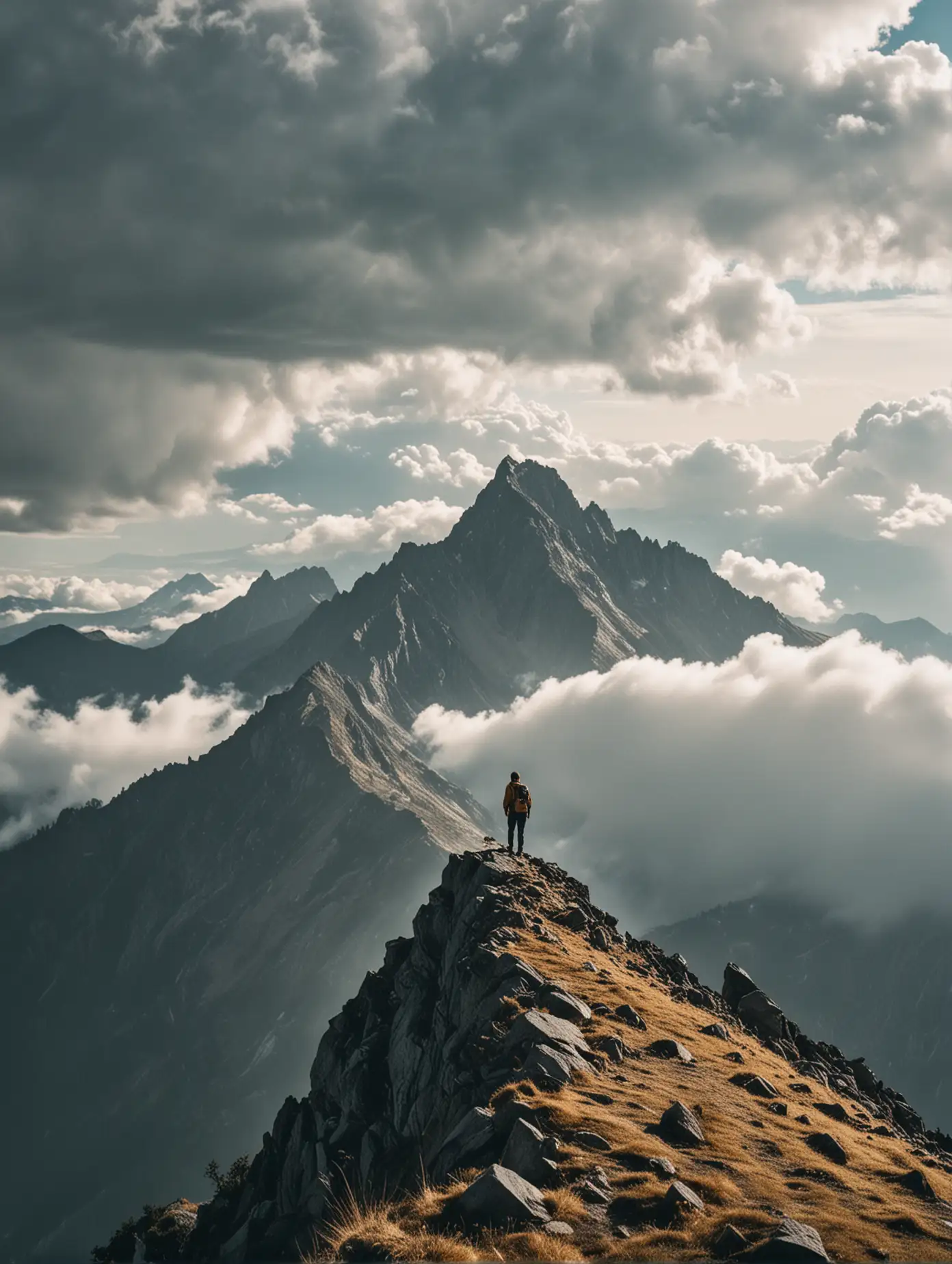 landscape, year 2020, analog photography, nikon, asa 50, man standing on a mountain peak in the foreground, clouds, mountain peaks rising from the clouds 