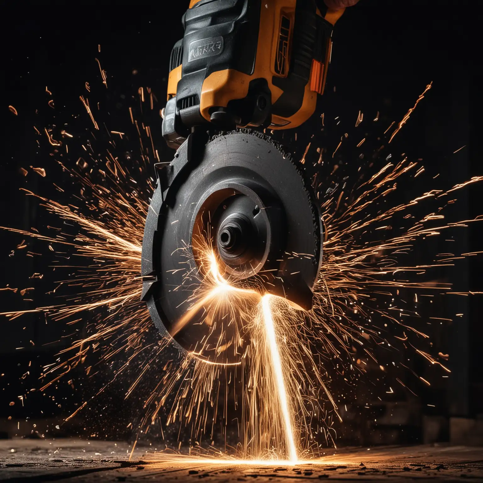 photo of a power tool blade cutting with sparks flying, dark theme, cool illumination 
