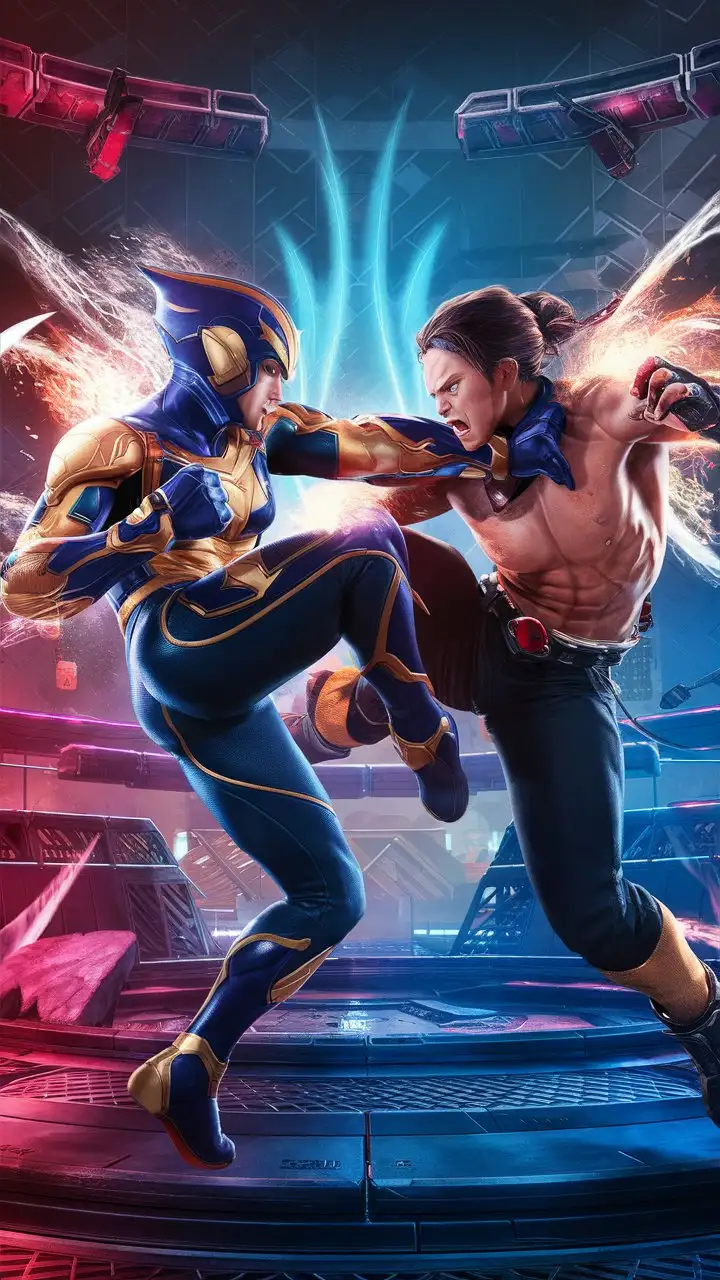 Prepare for epic versus-fighting action, fighting and wrestling between superhero and super villain on the fighting Environment round about, the superhero character kick the super villain face, game and idea about like tekken 7 similar



