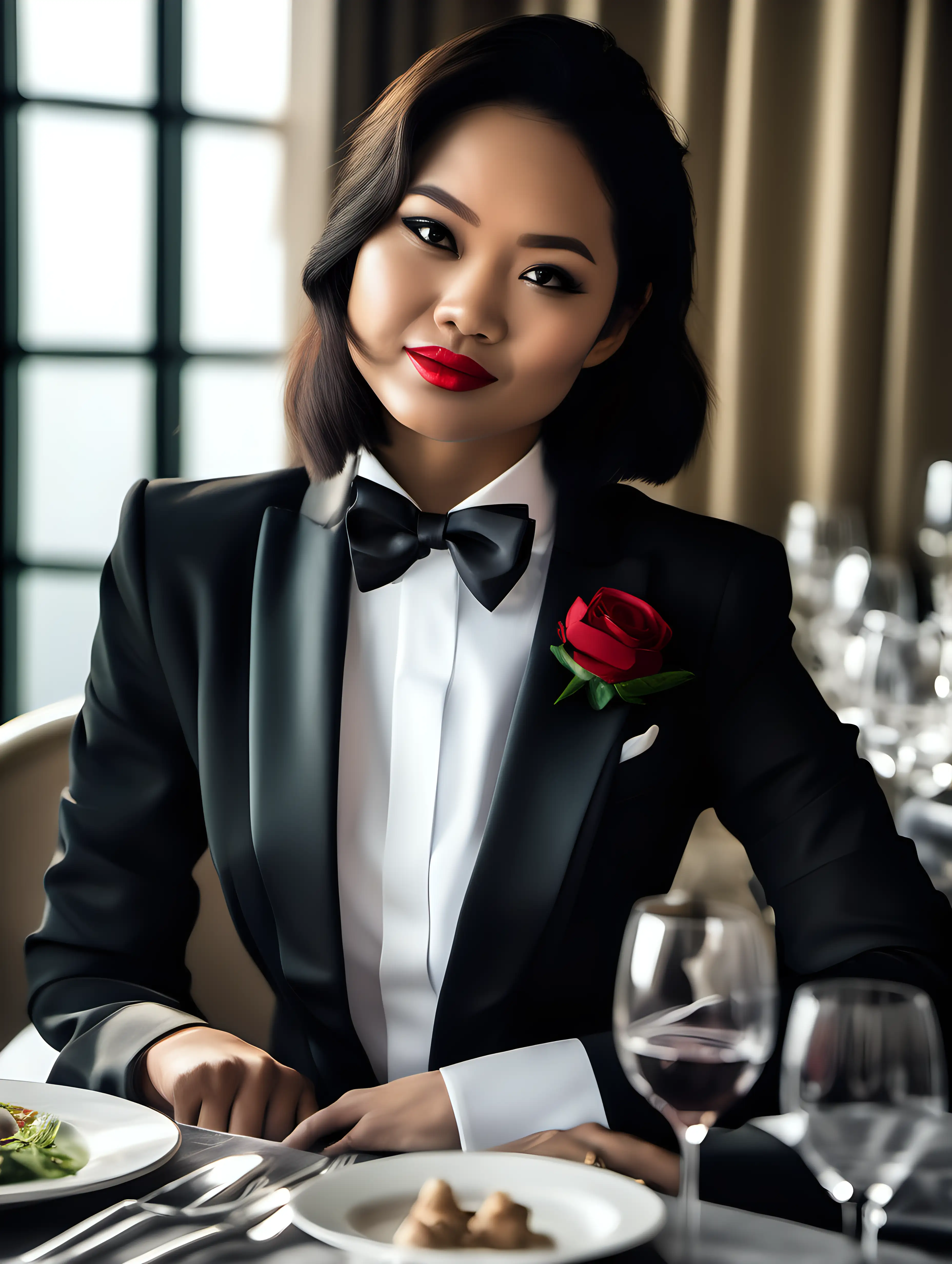 A stunning and cute and sophisticated and confident 30 year old indonesian woman with shoulder length hair and red lipstick wearing a black tuxedo jacket with a white shirt with cufflinks and a (black bow tie) and (black pants) sitting at a dinner table. She is stern. Her jacket is open. She is relaxed. Her jacket has a corsage.