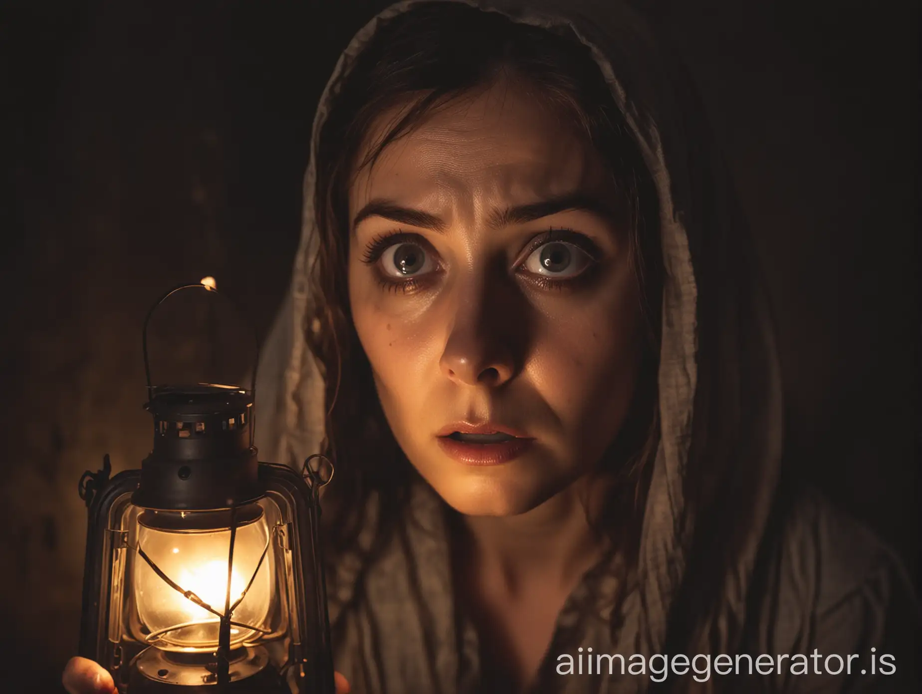 A scared-looking woman with wide eyes, holding a flickering lantern.