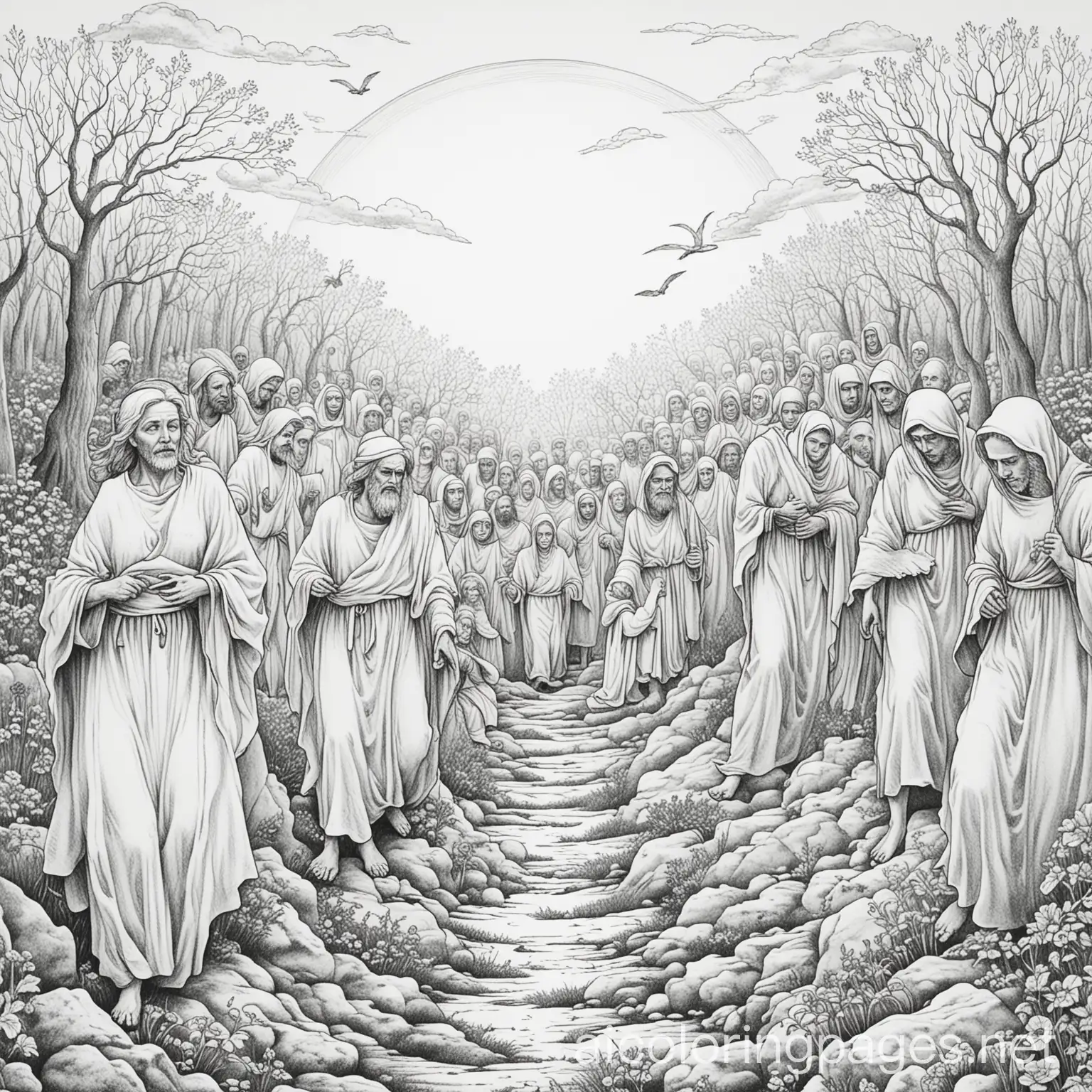Souls coming out of their graves being brought back to life, Coloring Page, black and white, line art, white background, Simplicity, Ample White Space. The background of the coloring page is plain white to make it easy for young children to color within the lines. The outlines of all the subjects are easy to distinguish, making it simple for kids to color without too much difficulty