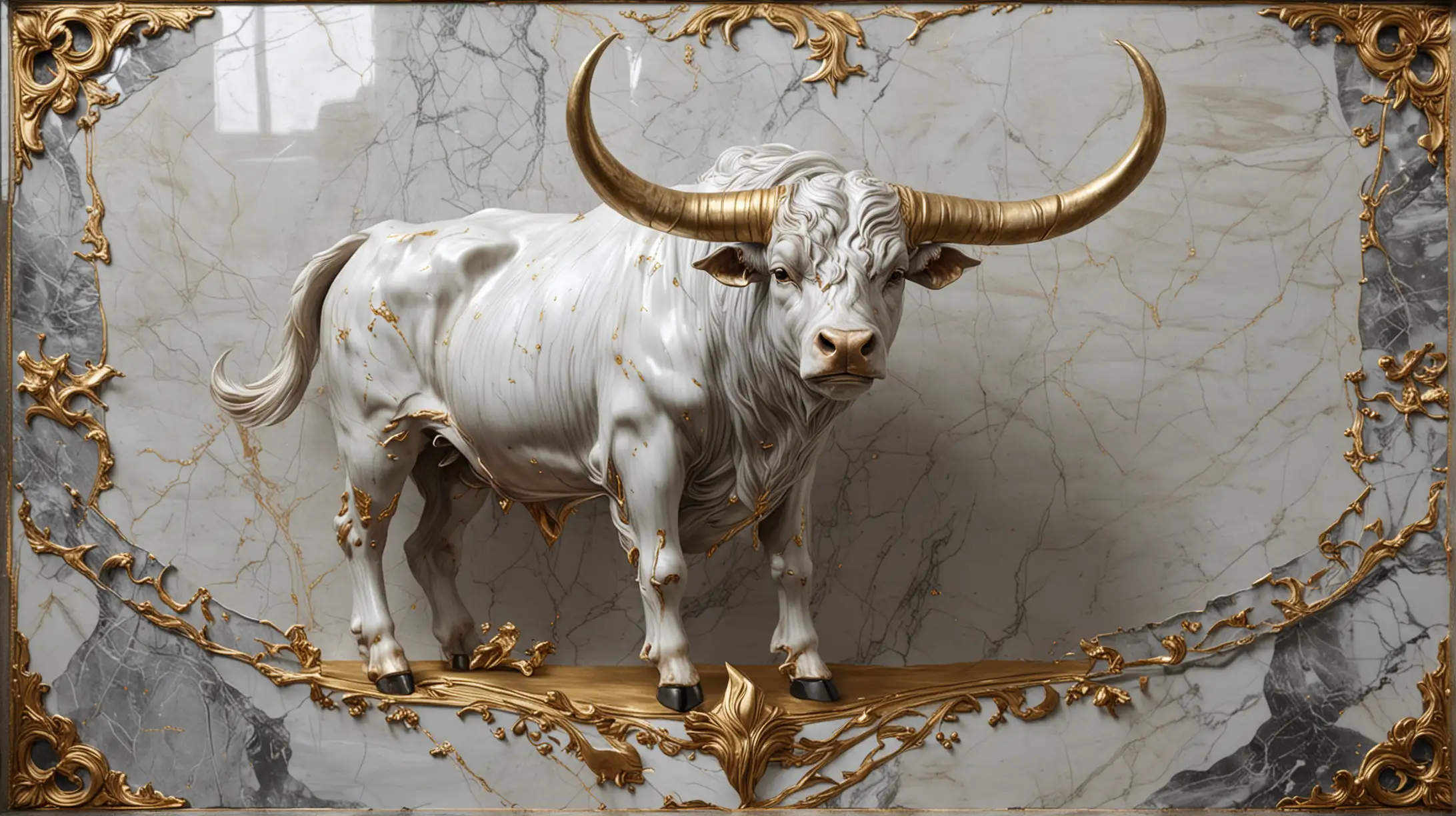 Majestic Marble Bull Sculpture with Silver and Gold Accents
