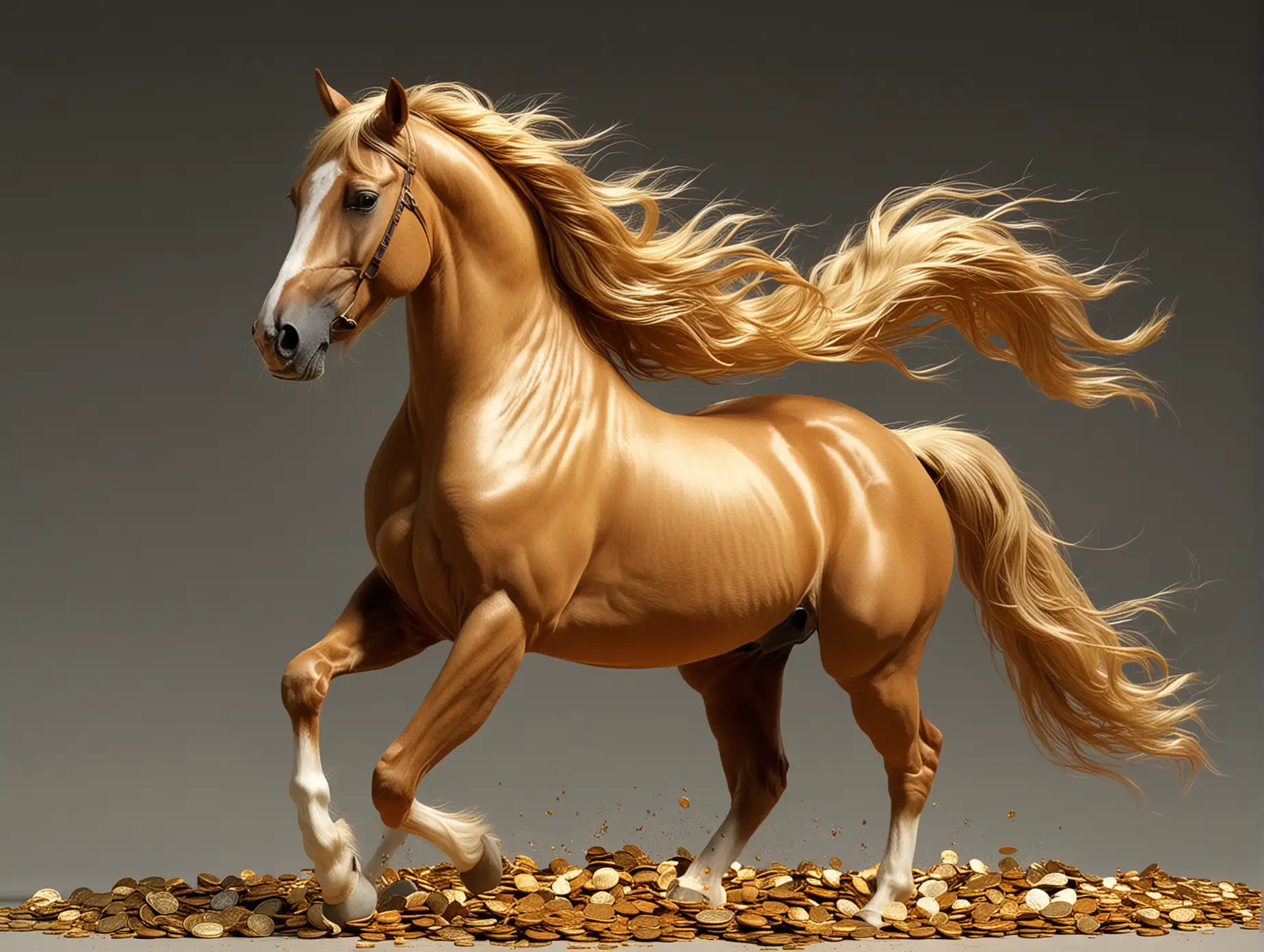 Background: The entire background is golden, which could be a gradient from deep gold at the top transitioning to light gold at the bottom, creating a sense of luxury and brilliance.nHorse: The main body of the horse is gold with golden hair covering its body, flowing in the wind, displaying a dynamic effect. The horse's muscular lines are fluid, showing power and grace.nDynamic: The horse's hooves are in a galloping state, with the front hooves raised and the back hooves on the ground, giving a sense of surging forward. The details of the hooves can be designed to be more delicate, highlighting the dynamics of movement.nGold coins pile: There is a pile of gold coins under the horse, which could also be gold in color, matching the background and horse's color. The gold coin pile can be designed to be irregular, increasing the richness of the scene.nDetails: The horse's eyes can be designed to be bright and alert, showing intelligence and vigilance. The mane and tail of the horse can be made more flowing, enhancing the dynamic feel.nLight and shadow effect: Add some light and shadow effects on the horse's body, such as the highlights caused by sunlight shining on the horse, which will enhance the three-dimensional sense and realism of the scene.nDecorative elements: You can add some decorative elements on the horse or around it, like gold patterns, gems, or reins, to increase the luxurious feel.