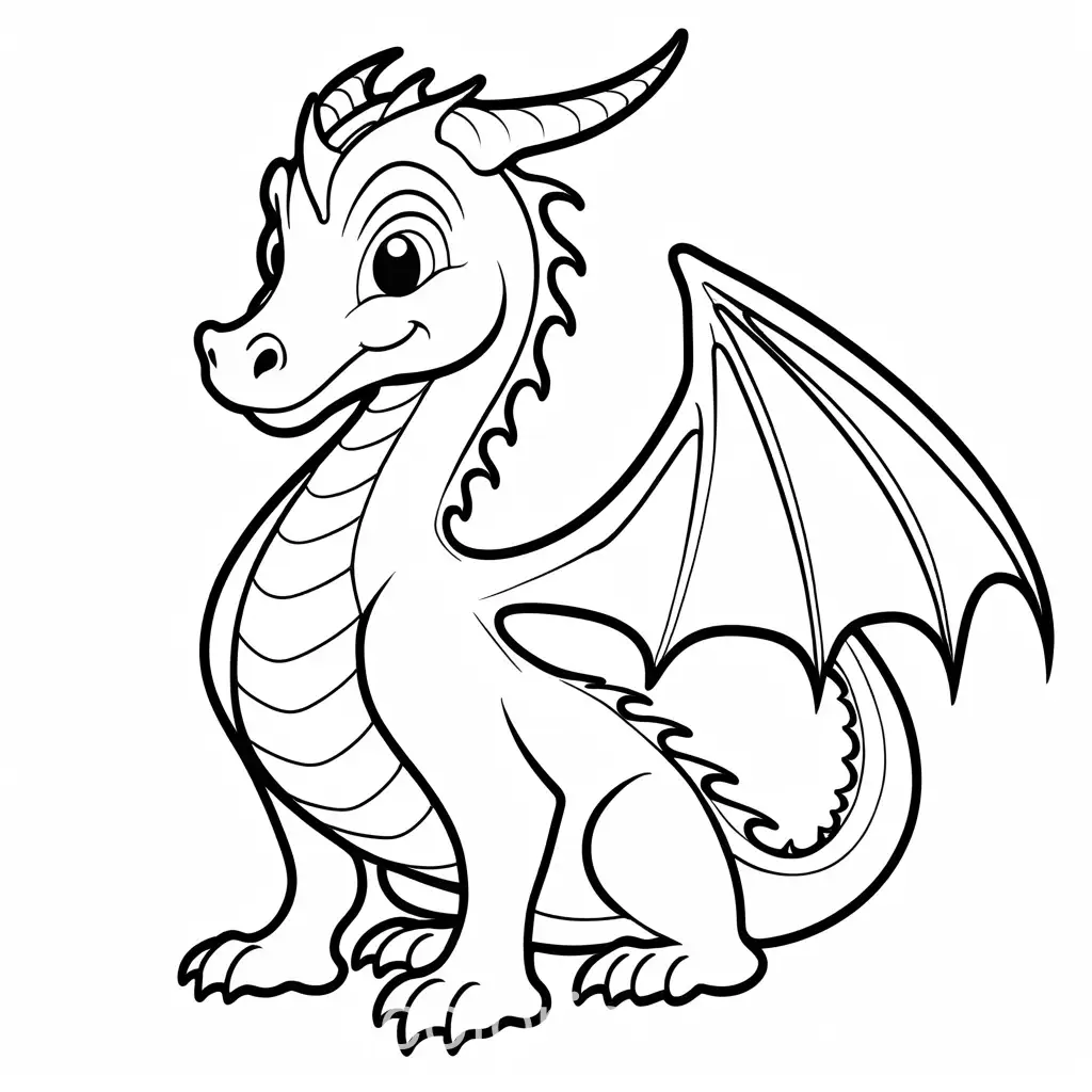 dragon in color, Coloring Page, black and white, line art, white background, Simplicity, Ample White Space. The background of the coloring page is plain white to make it easy for young children to color within the lines. The outlines of all the subjects are easy to distinguish, making it simple for kids to color without too much difficulty