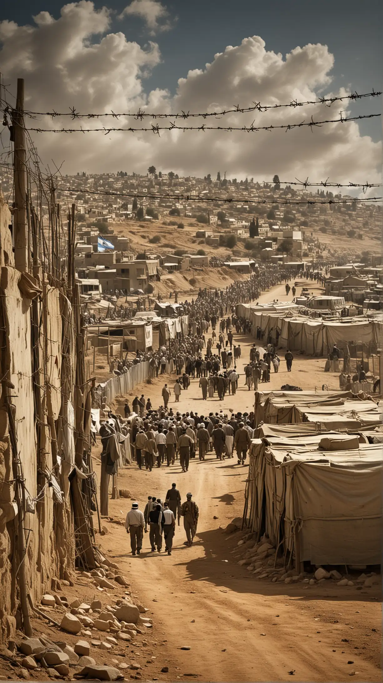 Historical Setting:

A scene depicting the tumultuous period surrounding the establishment of the state of Israel in 1948.
Include imagery of British Mandate Palestine transitioning into the new state of Israel.
Key Figures:

Portraits of prominent leaders of the time, such as David Ben-Gurion, the first Prime Minister of Israel, and various Palestinian leaders.
Clashes and Exodus:

Illustrate clashes between Zionist paramilitary groups and Arab militias.
Show Palestinians fleeing their homes, becoming refugees in neighboring countries, or living in refugee camps.
Diplomatic Efforts:

Depict international diplomatic efforts, including the United Nations General Assembly Resolution 181 (the Partition Plan), and subsequent reactions from both sides.
Symbolism:

Use symbolic elements such as keys (representing the keys to Palestinian homes left behind), barbed wire (representing borders and barriers), and the UN emblem (indicating international involvement).