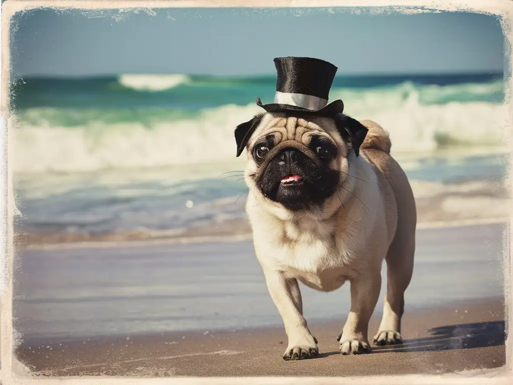 A Pug Dog wearing a tophat on the beach with waves crashing in the background