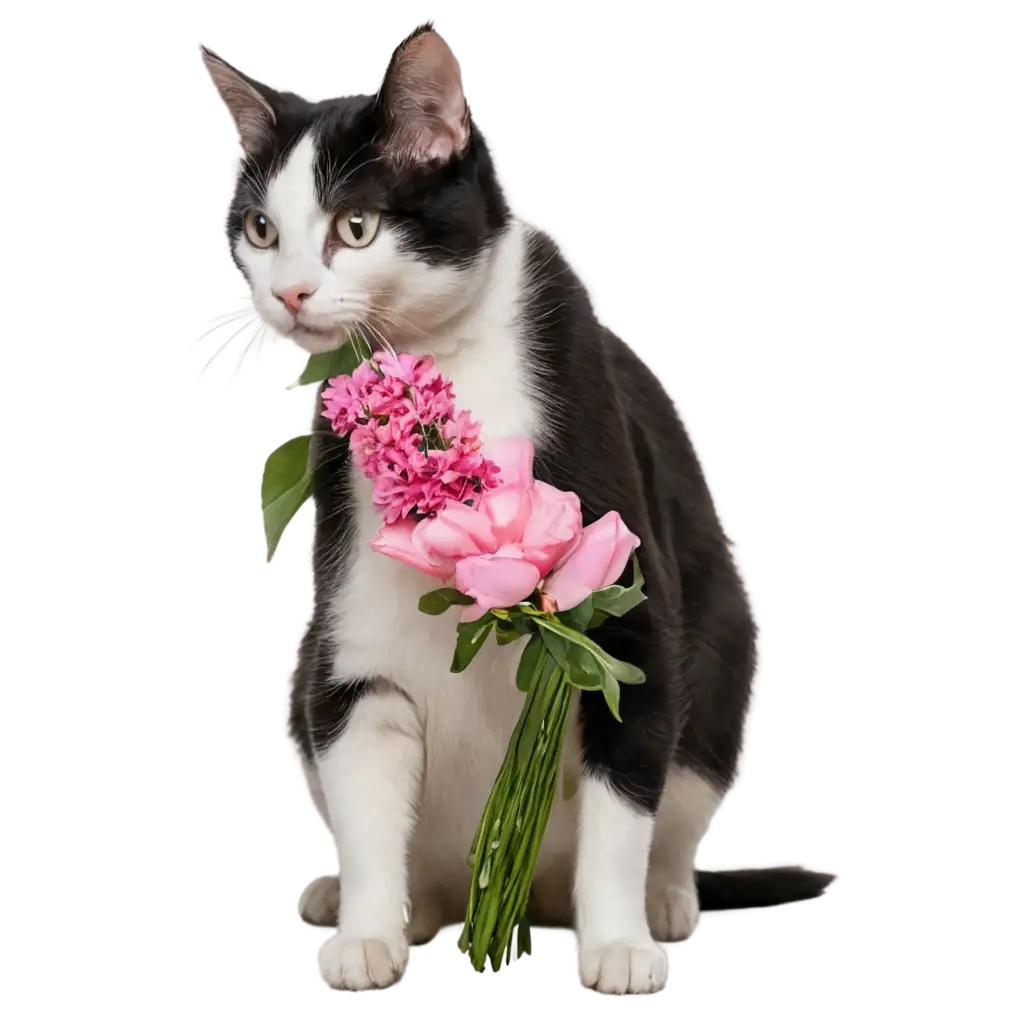 Um gato preto e branco cheirando um buquê de flores 