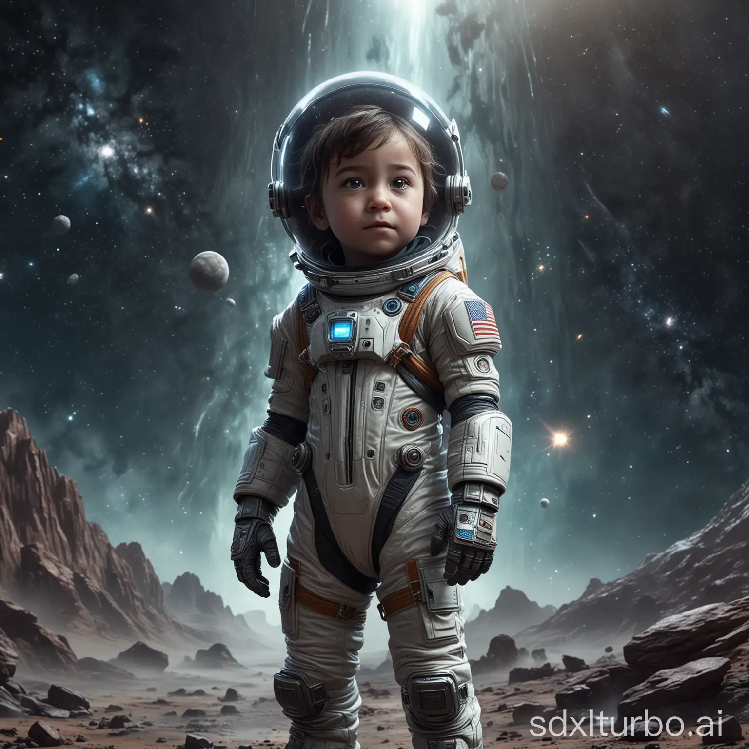 Little child Astronaut, Wearing A Futuristic Space Suit, Hopeful, Determined, Brave. Highly Detailed Concept Art, Intricate Textures, Interstellar Background, Space Travel, Nebula, Cosmos Dust with masculine face, game character, stands at full height