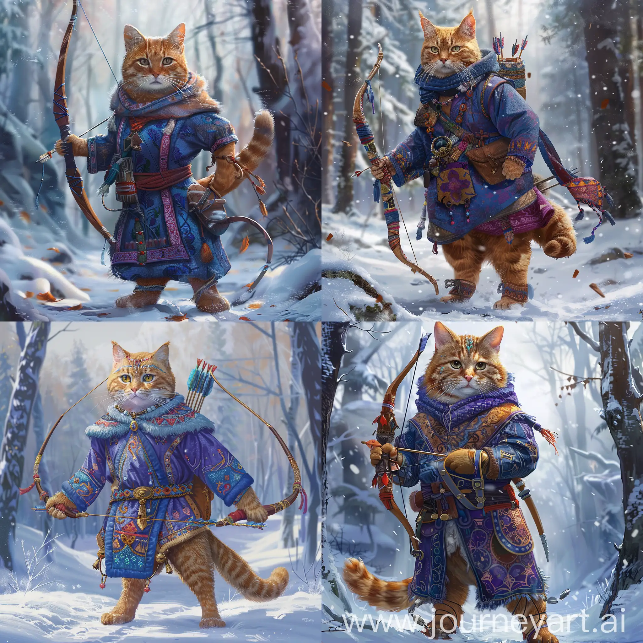 Orange-Tabby-Cat-in-Traditional-Blue-and-Purple-Clothing-with-Bow-and-Arrow-in-Snowy-Forest-Scene