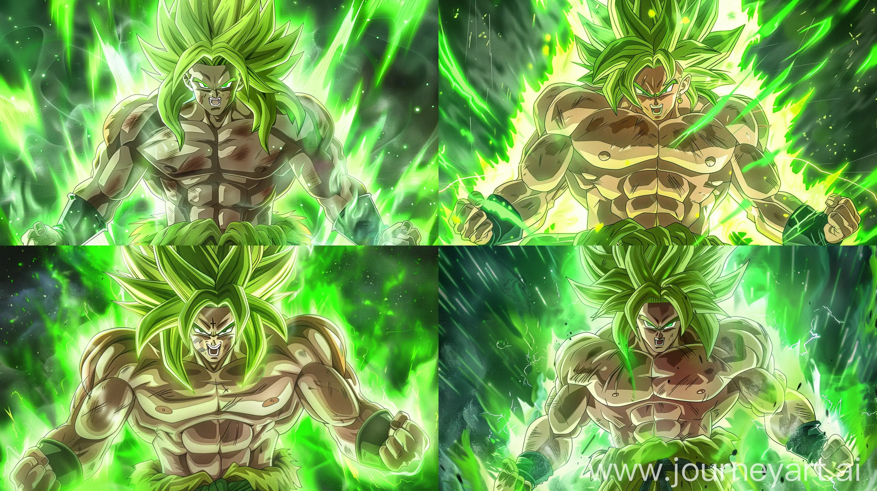 https://i.ytimg.com/vi/OGCQ6DaDoDs/maxresdefault.jpg Broly super Saiyan from Dragon Ball Super, action scene, very large muscles, green hair, the best quality, perfect details, 8K,solo,looking at viewer, green light and yellow image quality, hyper realistic painting, action scene, cinematic, magical glowing aura. --ar 16:9