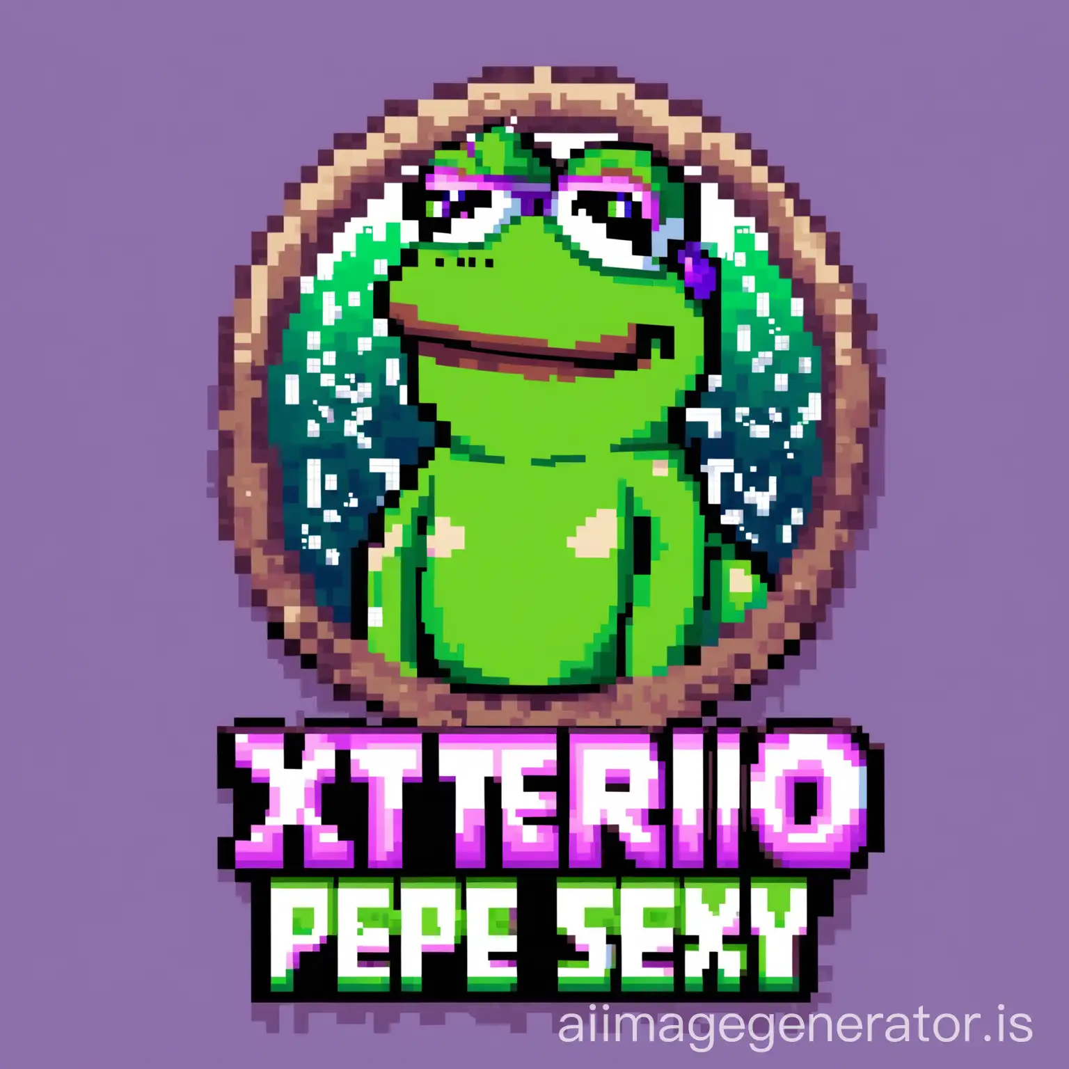 we have pixel sexy purple pepe with pixel in sea
we see" xterio" text in back ground
details are high quality