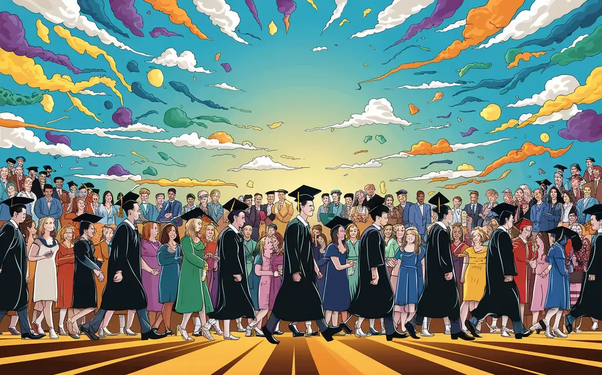 Graduation-Ceremony-with-Sky-Background-Vector-Illustration