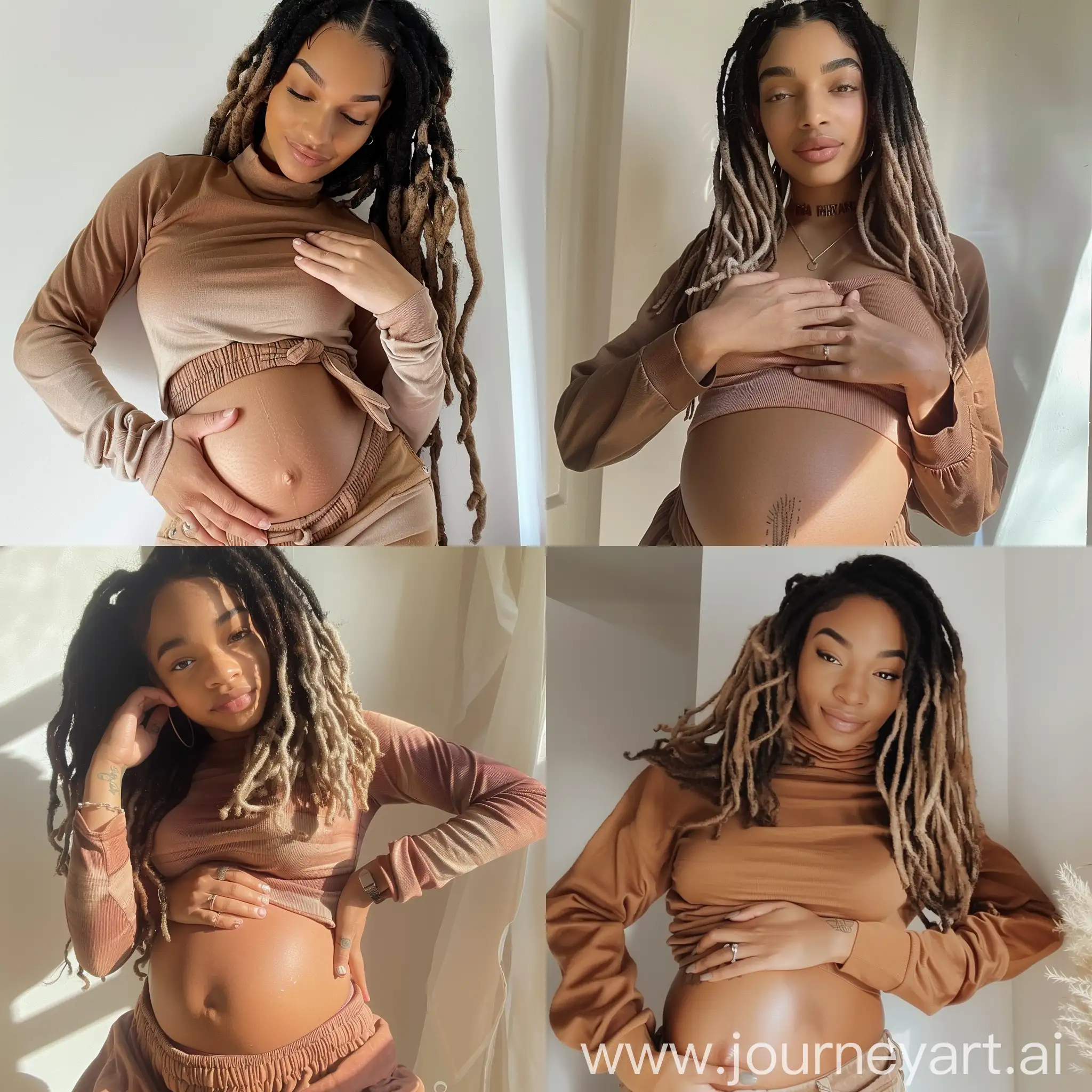 Aesthetic instagram selfie of a black 18 year old influencer, ombre dreadlocks, rubbing her flat belly, soft brown clothing color tones--ar 9:16