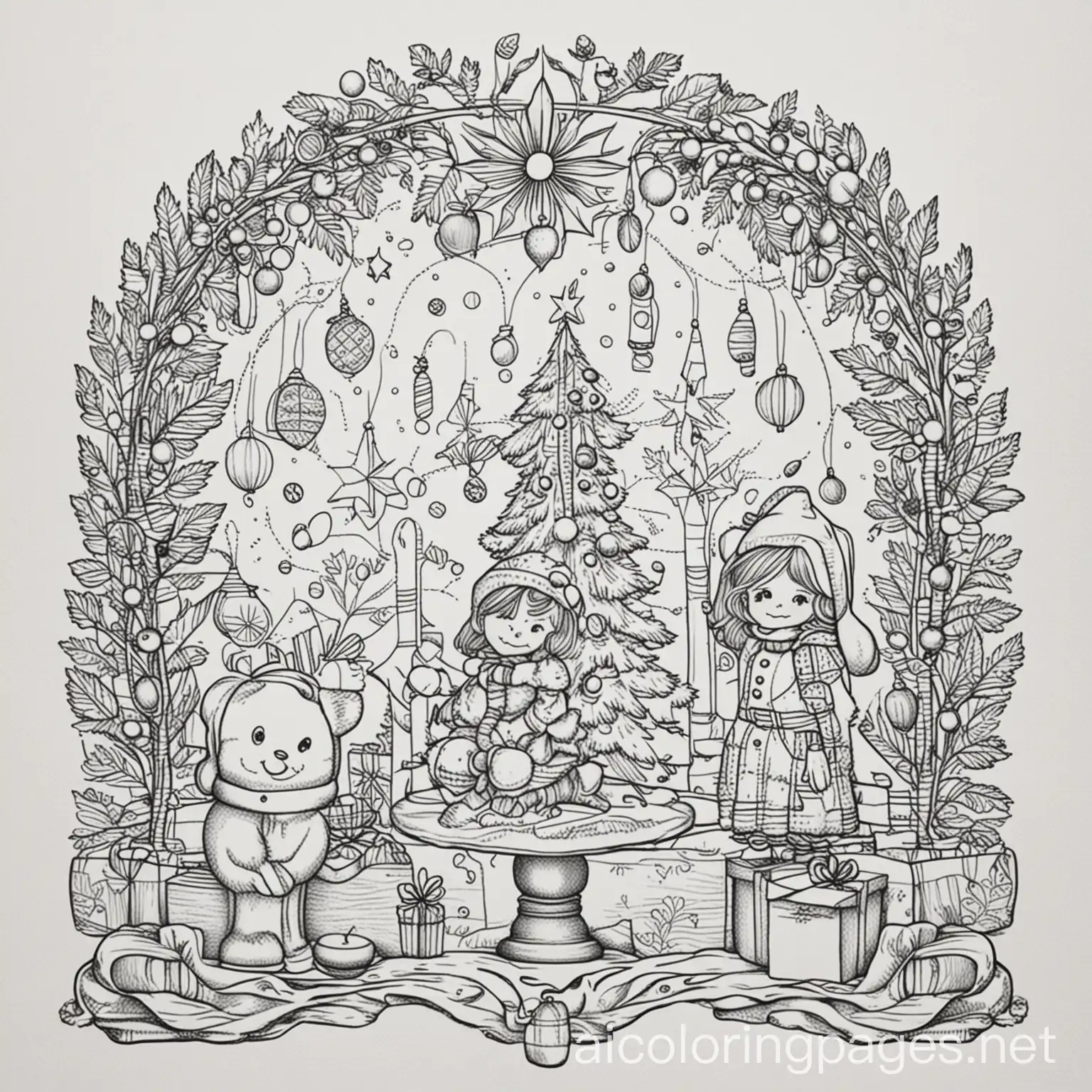 Vintage-Christmas-Decor-Coloring-Page-Simple-Black-and-White-Line-Art-on-White-Background