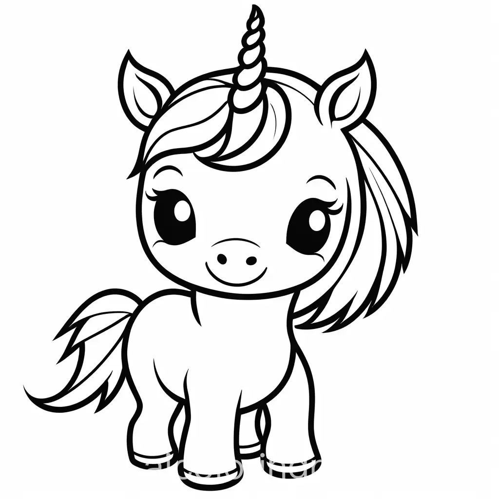 cute happy easy to color cute unicorn simple coloring, Coloring Page, black and white, line art, white background, Simplicity, Ample White Space. The background of the coloring page is plain white, Coloring Page, black and white, line art, white background, Simplicity, Ample White Space. The background of the coloring page is plain white to make it easy for young children to color within the lines. The outlines of all the subjects are easy to distinguish, making it simple for kids to color without too much difficulty