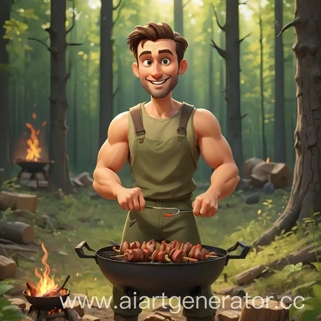 Cheerful-Man-Grilling-Shashlik-in-the-Enchanting-Forest