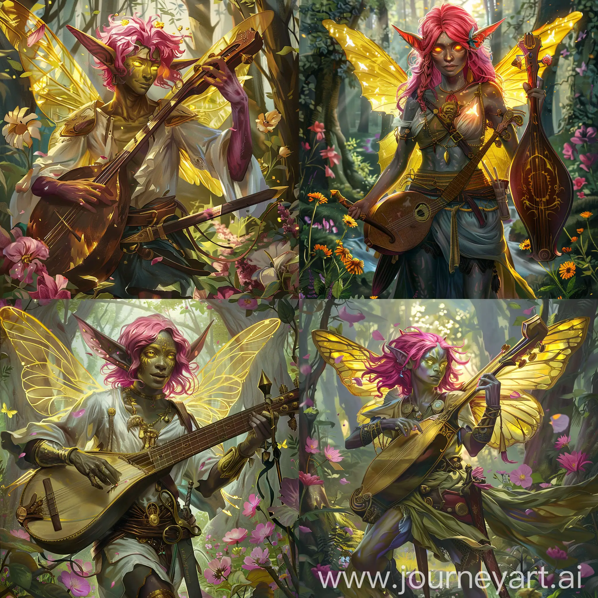fairy, swarthy skin, pink hair, yellow eyes, on the background of forest and flowers, lyre in hand, rapier on the belt, cloth clothes, golden fairy wings
