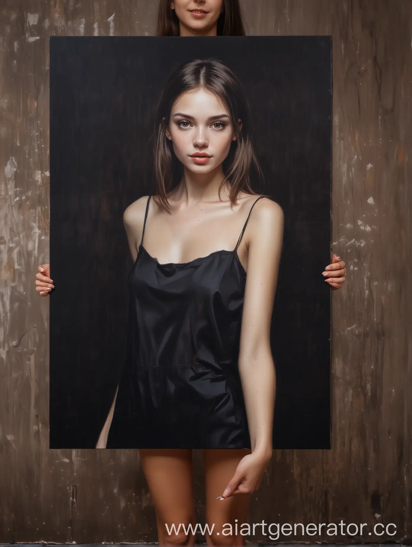 Elegant-Woman-Holding-Canvas-Portrait-in-Nightclub-Setting