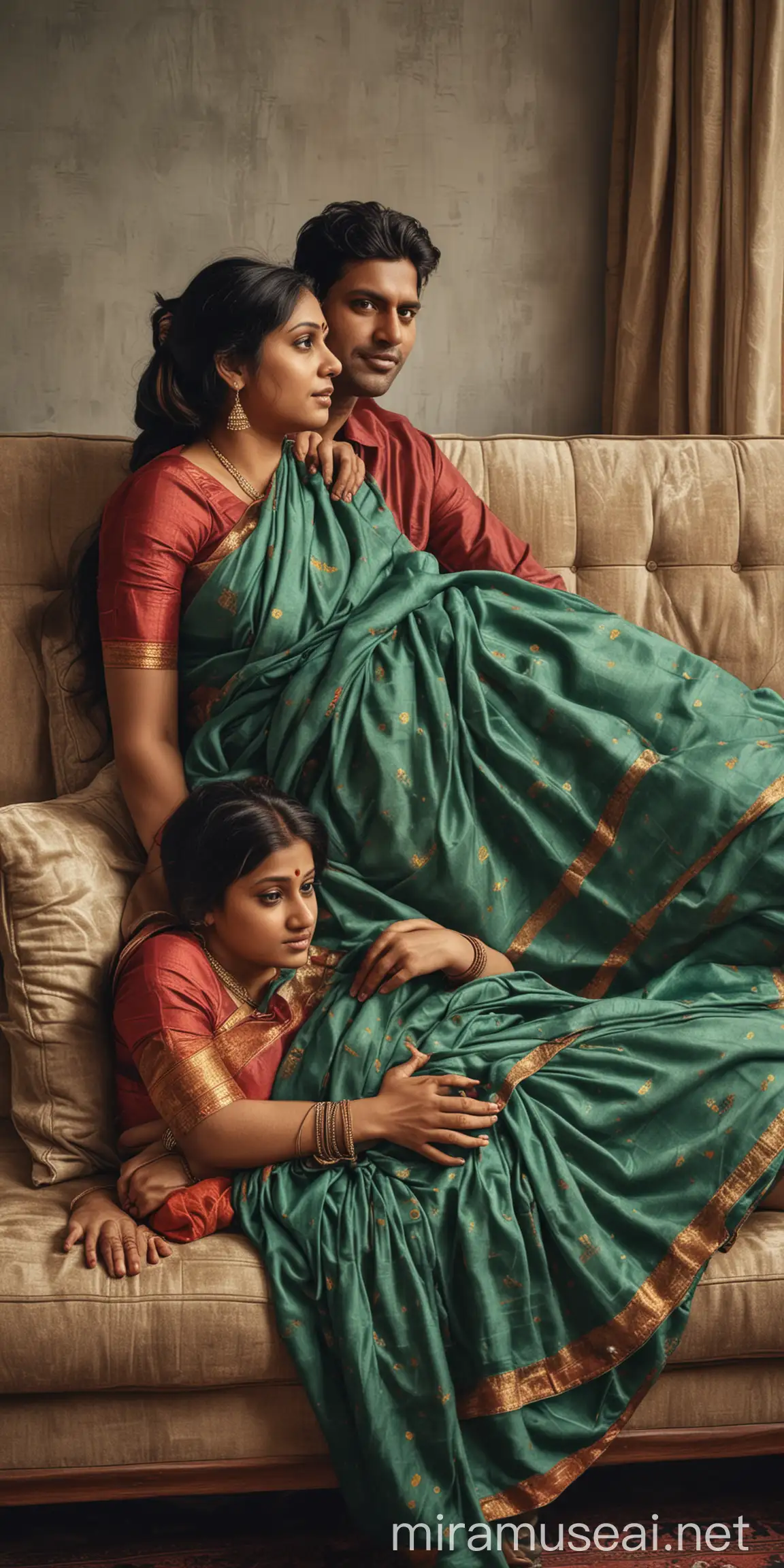 Indian lady wearing a saree with big breast size sitting with his poor thin looking husband on a sofa in a house , hyper realistic