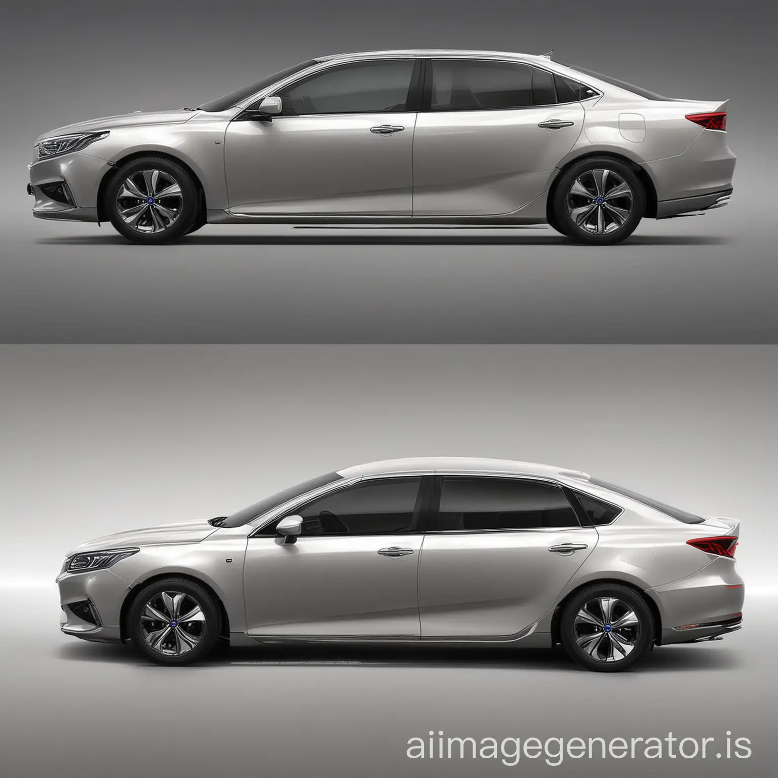 Design for me a BYD sedan of the future, giving me 3 pictures, the body has clear BYD logo, want to show the whole car appearance picture