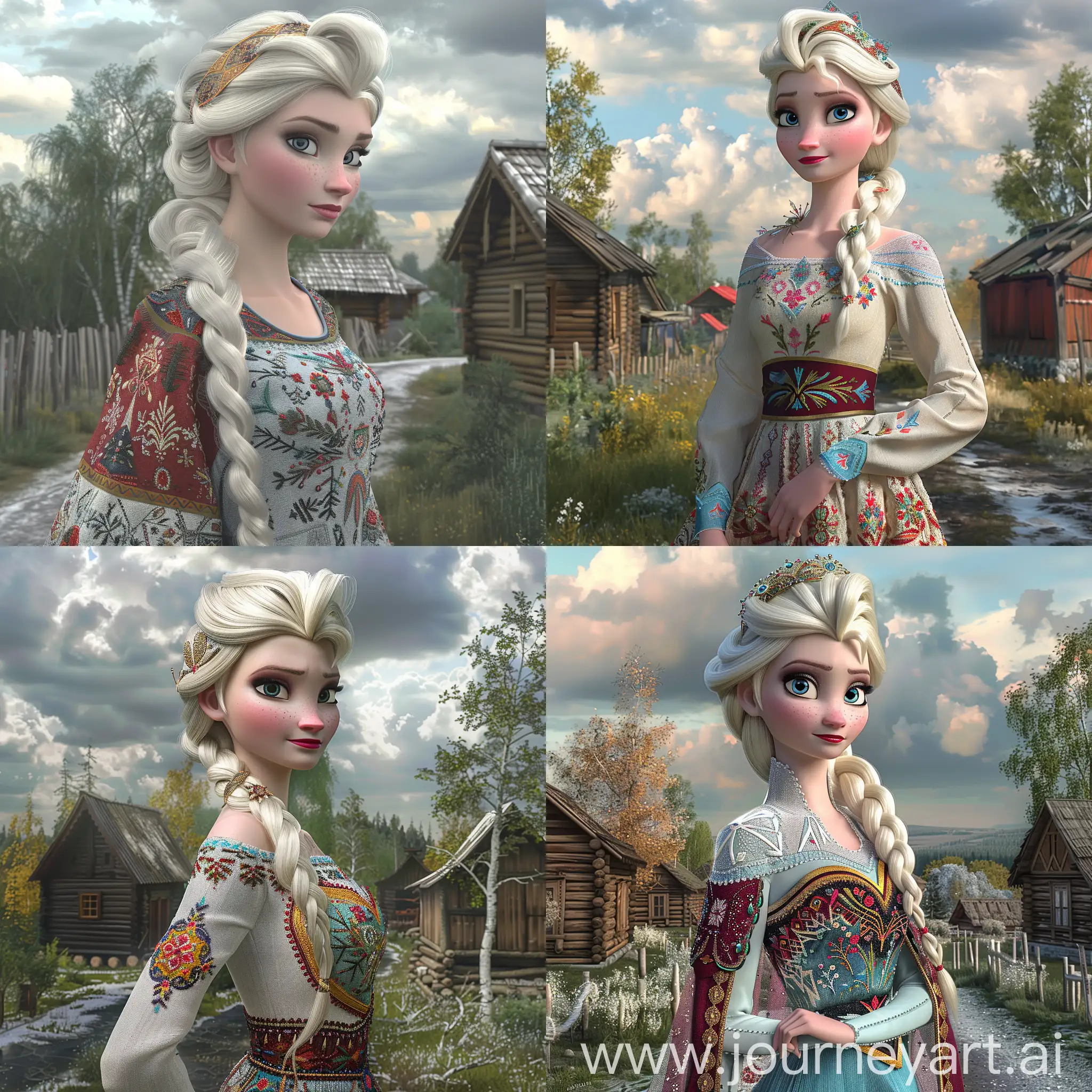 Elsa from the Disney animated film "Frozen", a young woman with long platinum blonde hair in a braid, wearing a traditional Russian folk costume, an embroidered sarafan dress, a kokoshnik headdress, standing in a village landscape, wooden izbas (houses), birch grove, picturesque cloudy sky, highly detailed portrait, photorealistic image, 8K