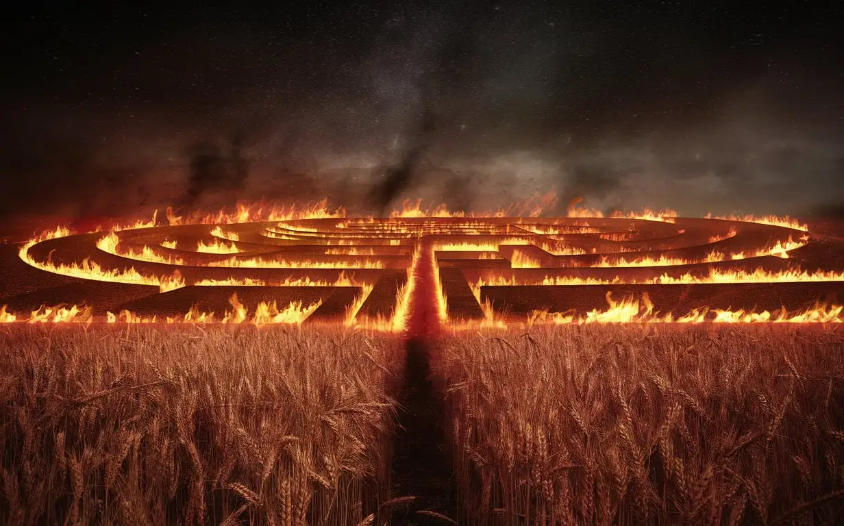 Enormous Fiery Labyrinth Over Rye Field in Starry Night Sky