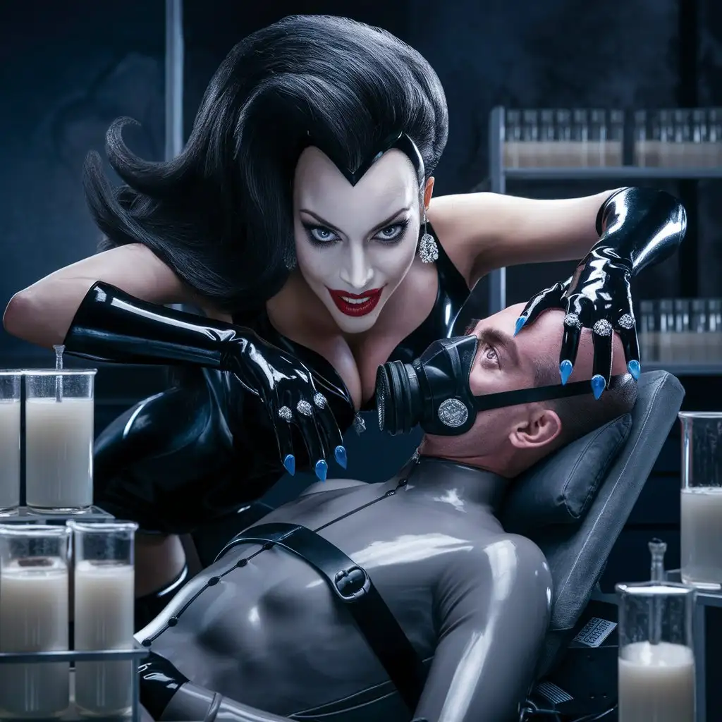 Photo, laboratory, vials of milky liquid, beautiful busty female super villianess, latex gloves, hypnotic eyes, big diamond rings, long flowing dark hair, leans over male in gas mask and latex, strapped to chair, full-body over handsome male in latex body suit, sultry, seductive. Realistic