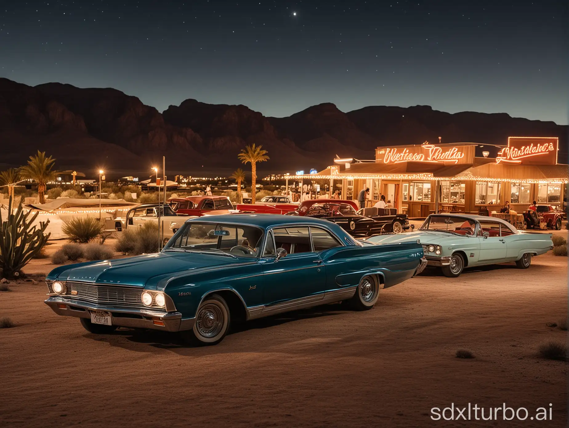 A photo of a dinner in a American desert at night with vintage cars and the background you can see Las Vegas