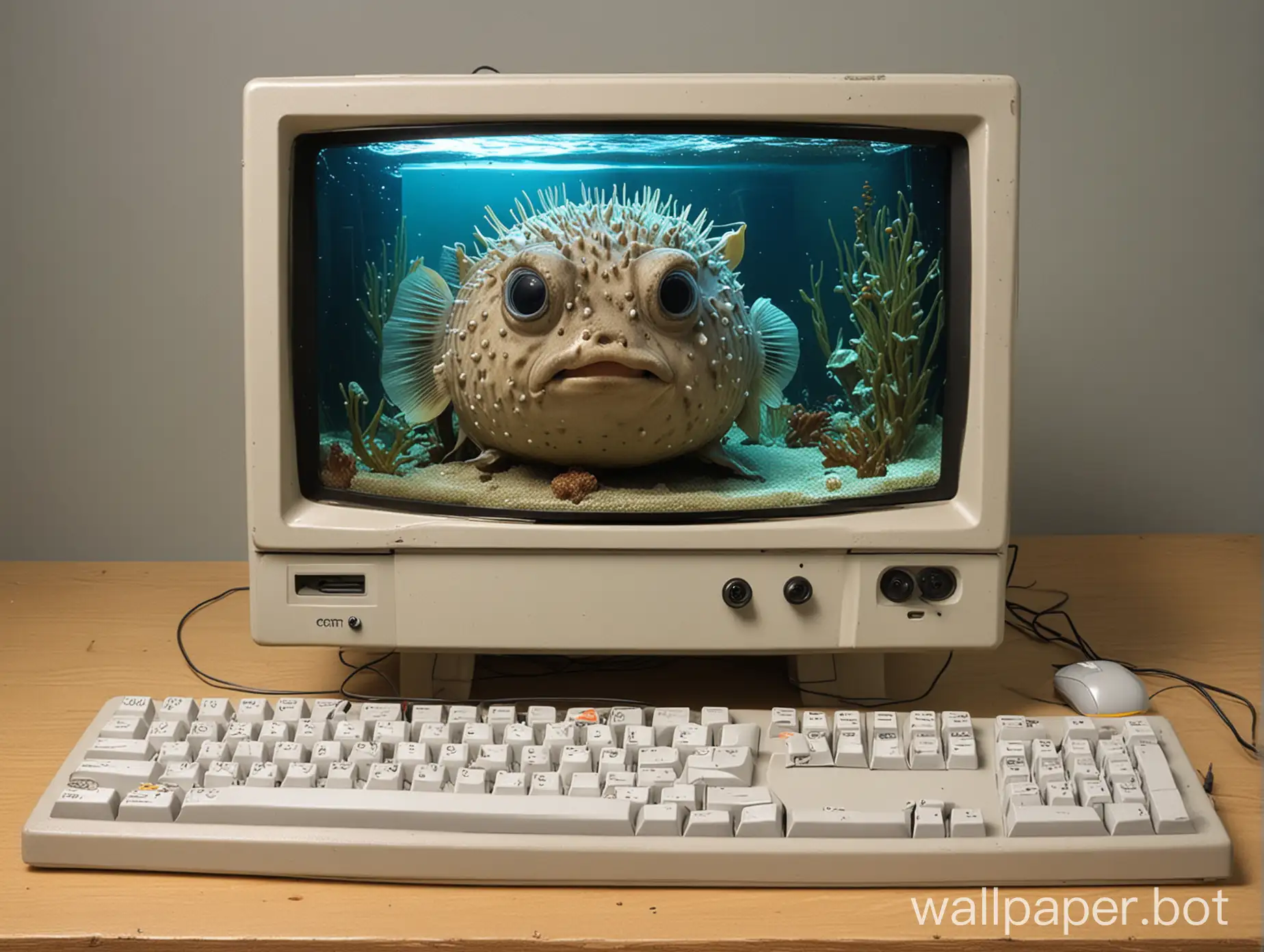 CRT monitor used as a fishbowl for a puffer fish is placed with keyboard and mouse