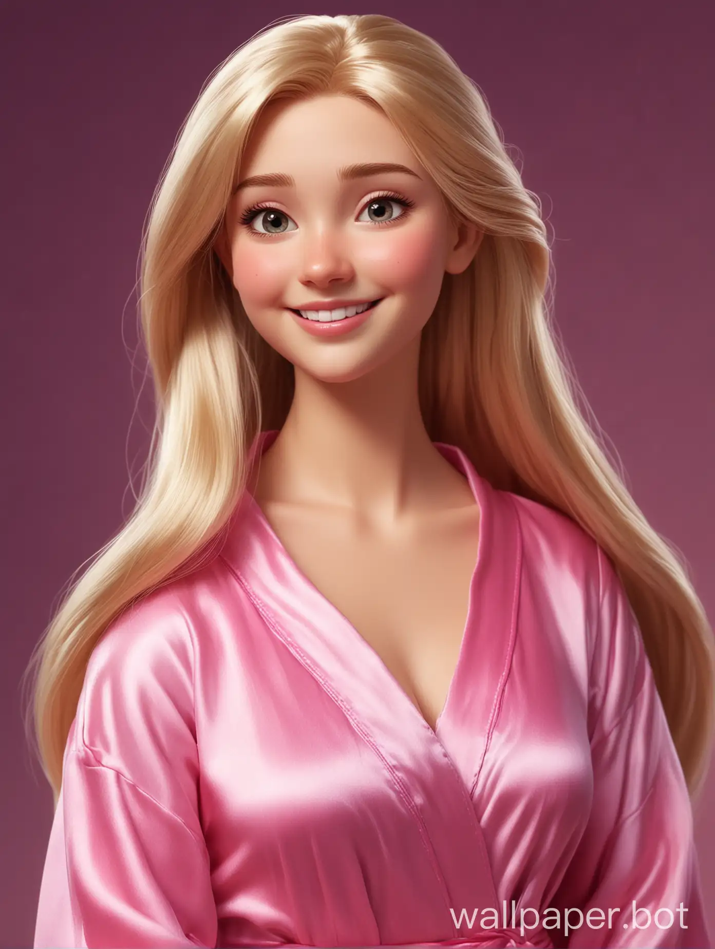 Реалистичная, диснеевская милашка Рапунцель улыбается с длинными прямыми шелковистыми волосами в шелковом халате цвета розовая фуксия