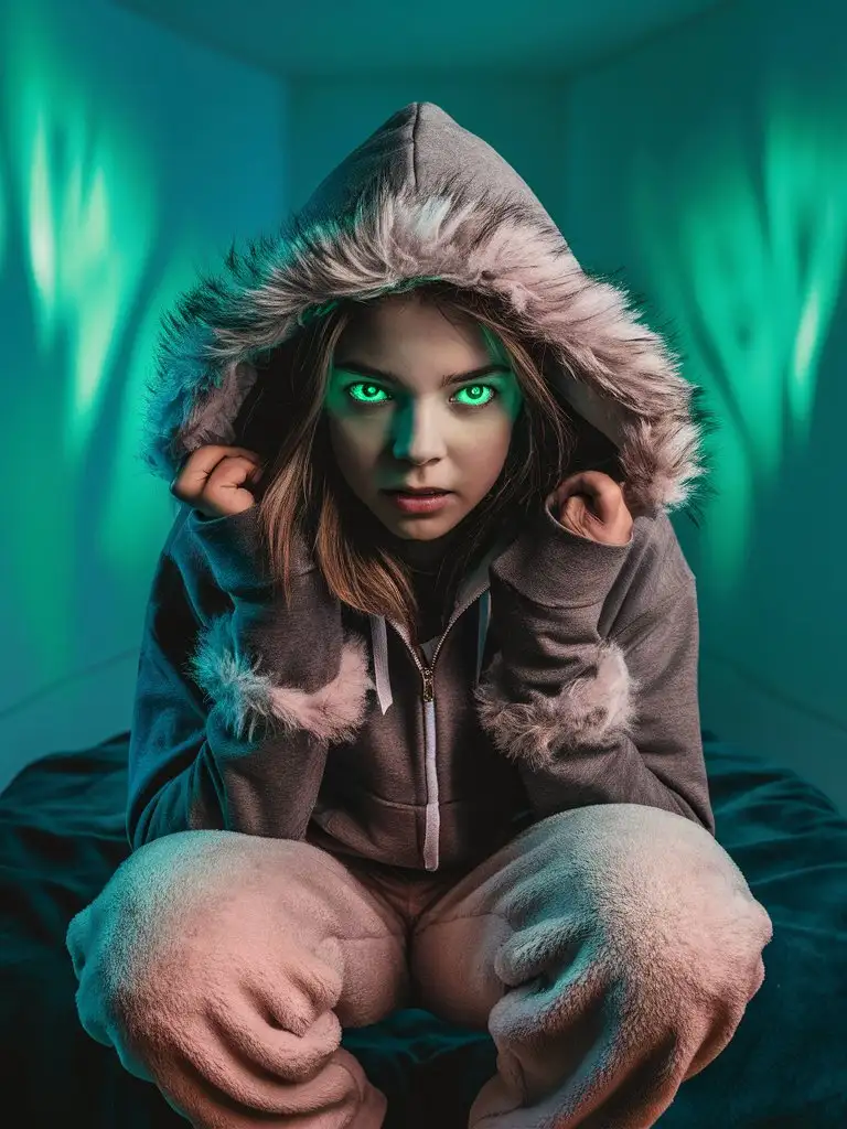 teenager, fur-trimmed hoodie, green glowing eyes, fluffy fleece