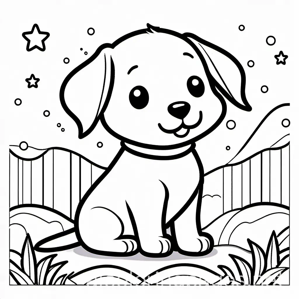 cute dog, being happy, infant, coloring pages, thick lines, white space, Coloring Page, black and white, line art, white background, Simplicity, Ample White Space. The background of the coloring page is plain white to make it easy for young children to color within the lines. The outlines of all the subjects are easy to distinguish, making it simple for kids to color without too much difficulty