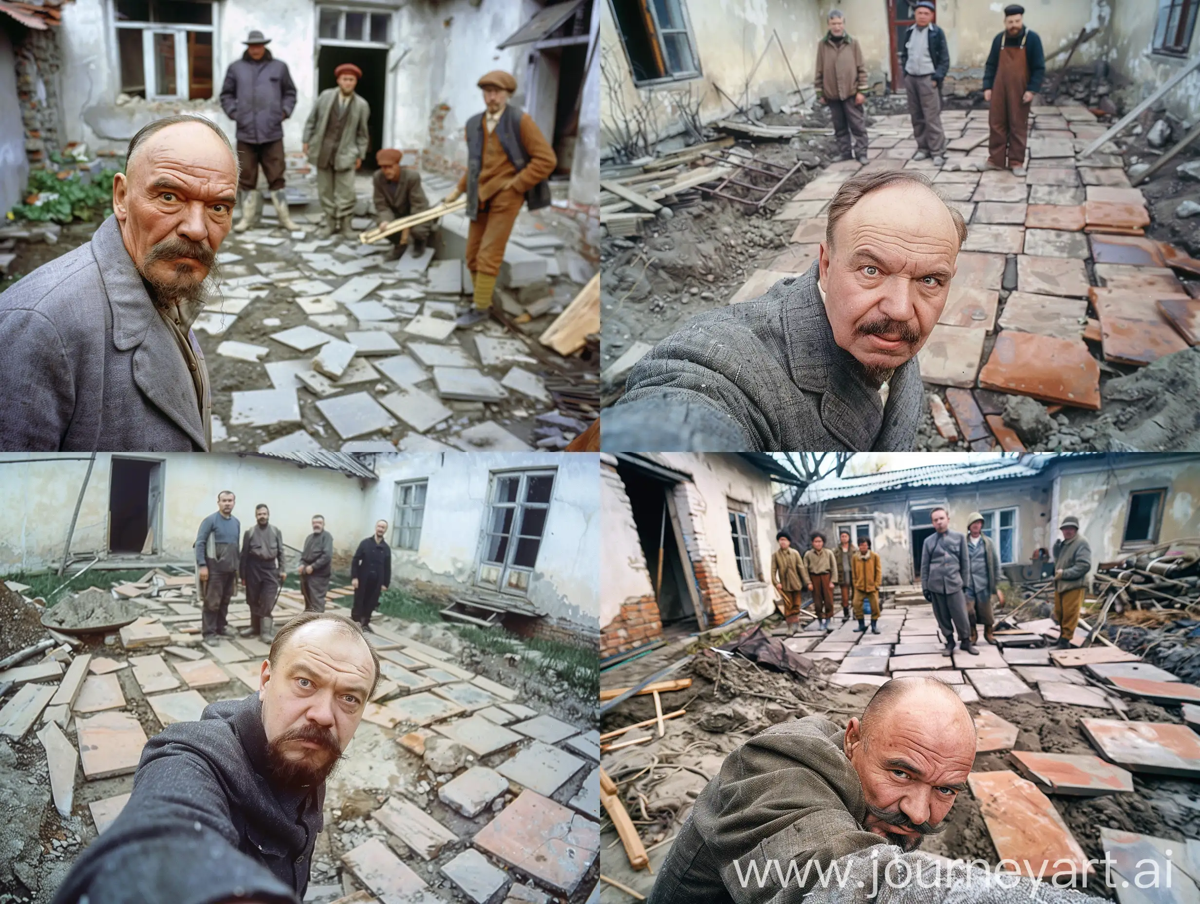 Selfie of the legendary Vladimir Lenin while inspecting the courtyard of a cottage where the paving slabs are poorly laid, with guilty workers standing behind him, in the style of a Newsweek photo report, photograph on Kodak film, puzzled, candid, dof 24mm f2. 8 Leica