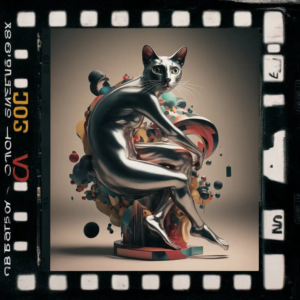 Cat in the style of postmodern photomontage, reinterpreted human form, sleek metallic finish, cinestill 50d, sculpted, sleek, multilayer collage, colorful, negative film