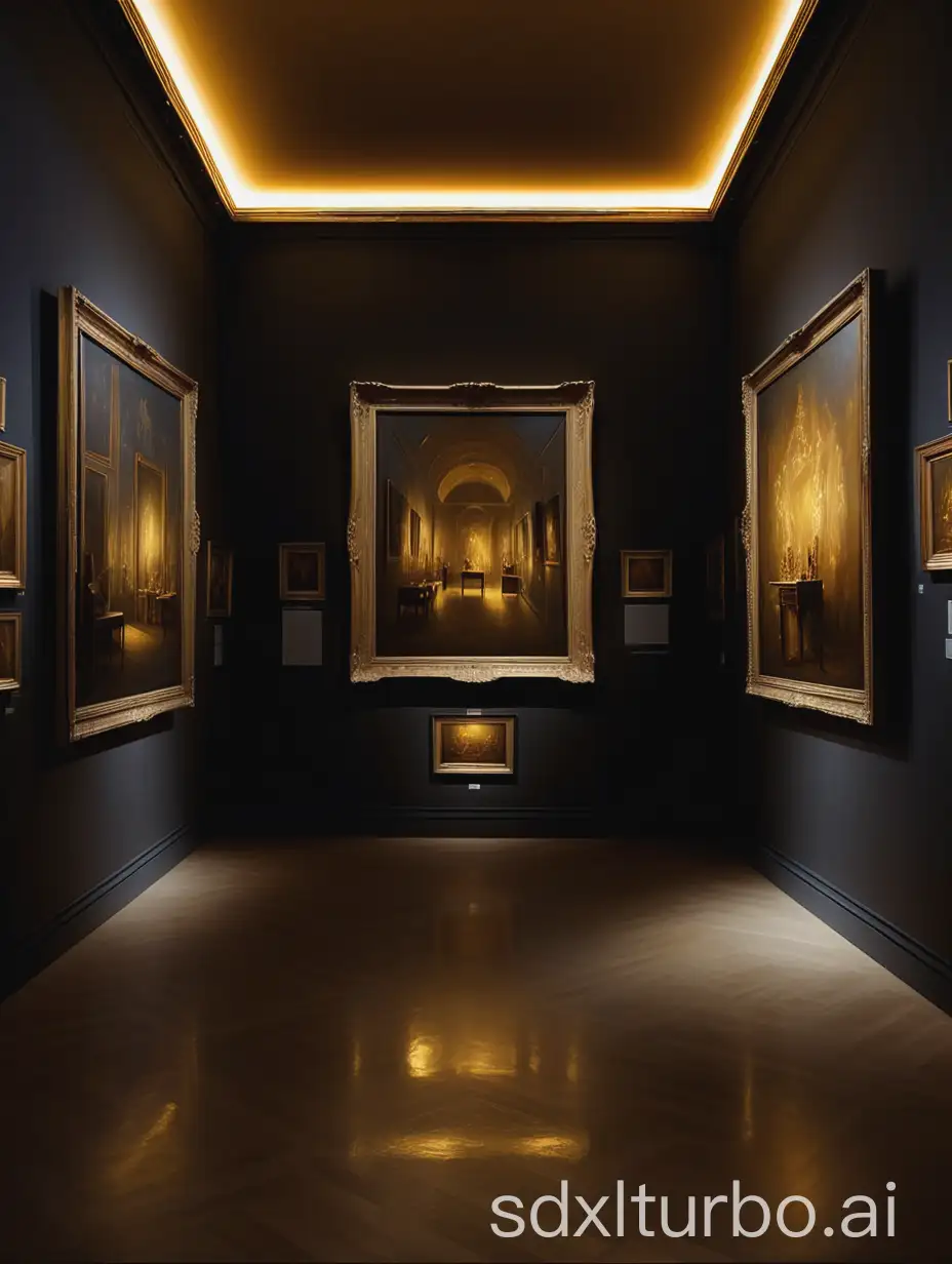 exhibition of paintings, view from inside. A dark luxurious room, clear light falls on the paintings, everything else is illuminated with a golden hue. Near each painting there is a video + textual description with the history of its creation