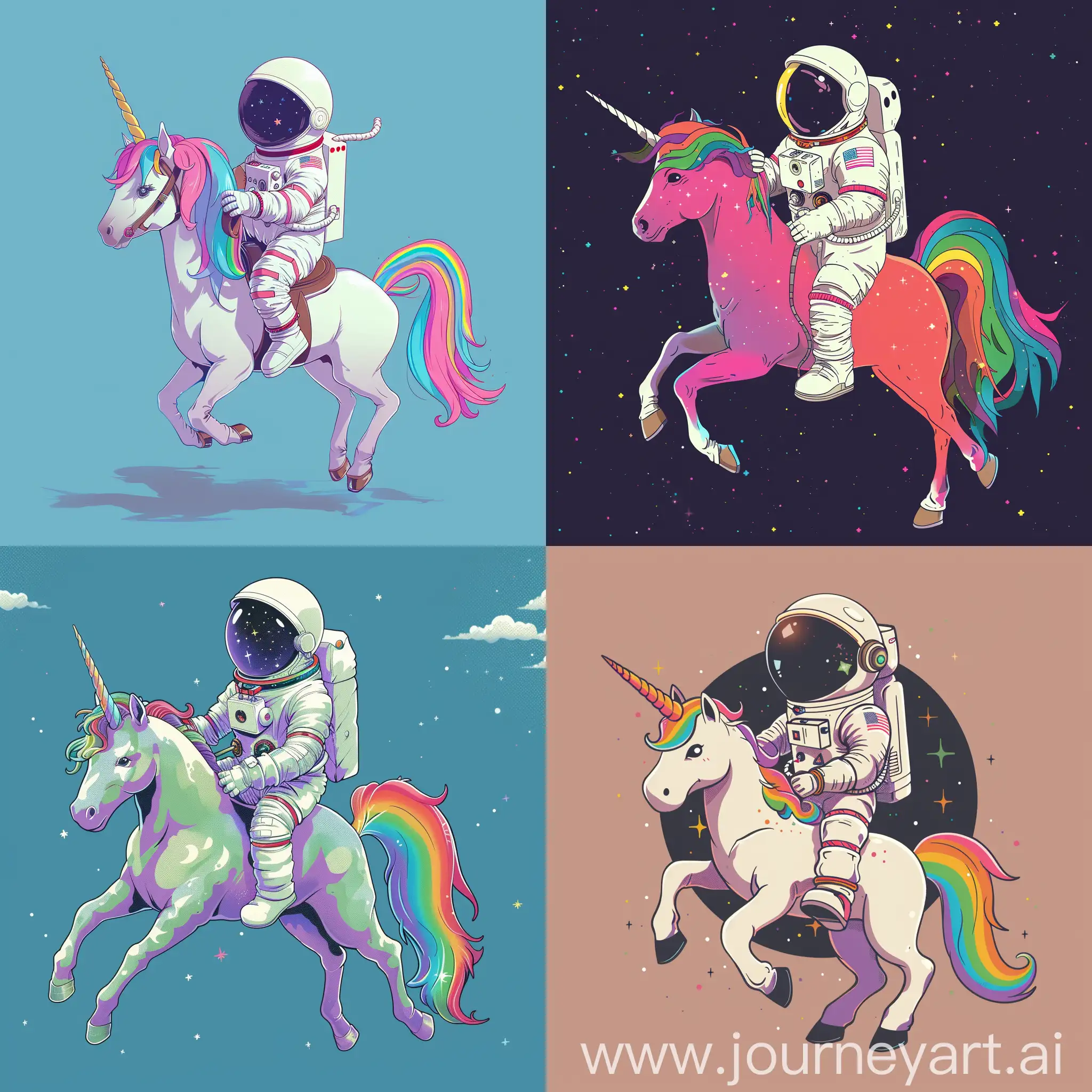 An astronaut riding a rainbow unicorn, ghibli style